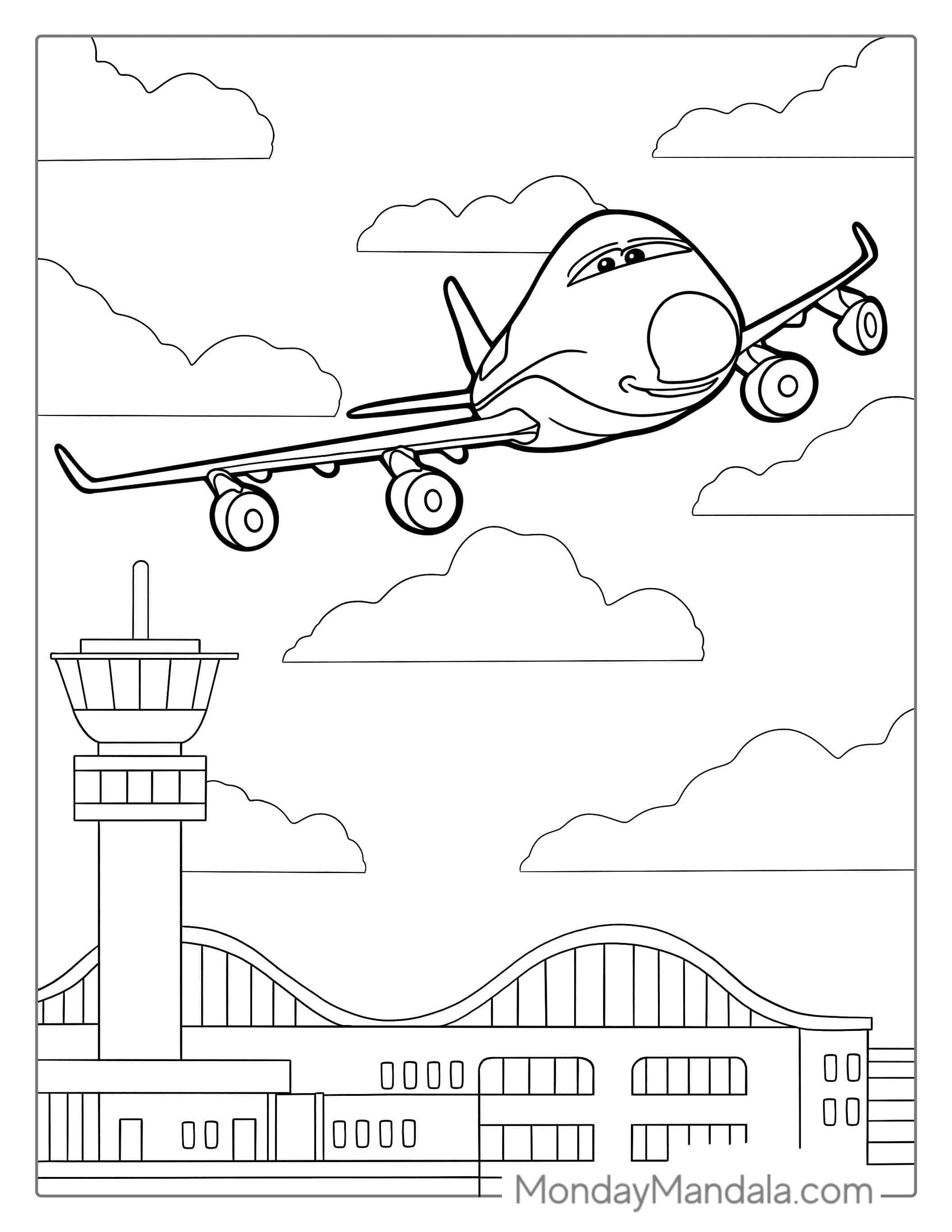 Smiling Cartoon Plane To Color For Kids coloring page