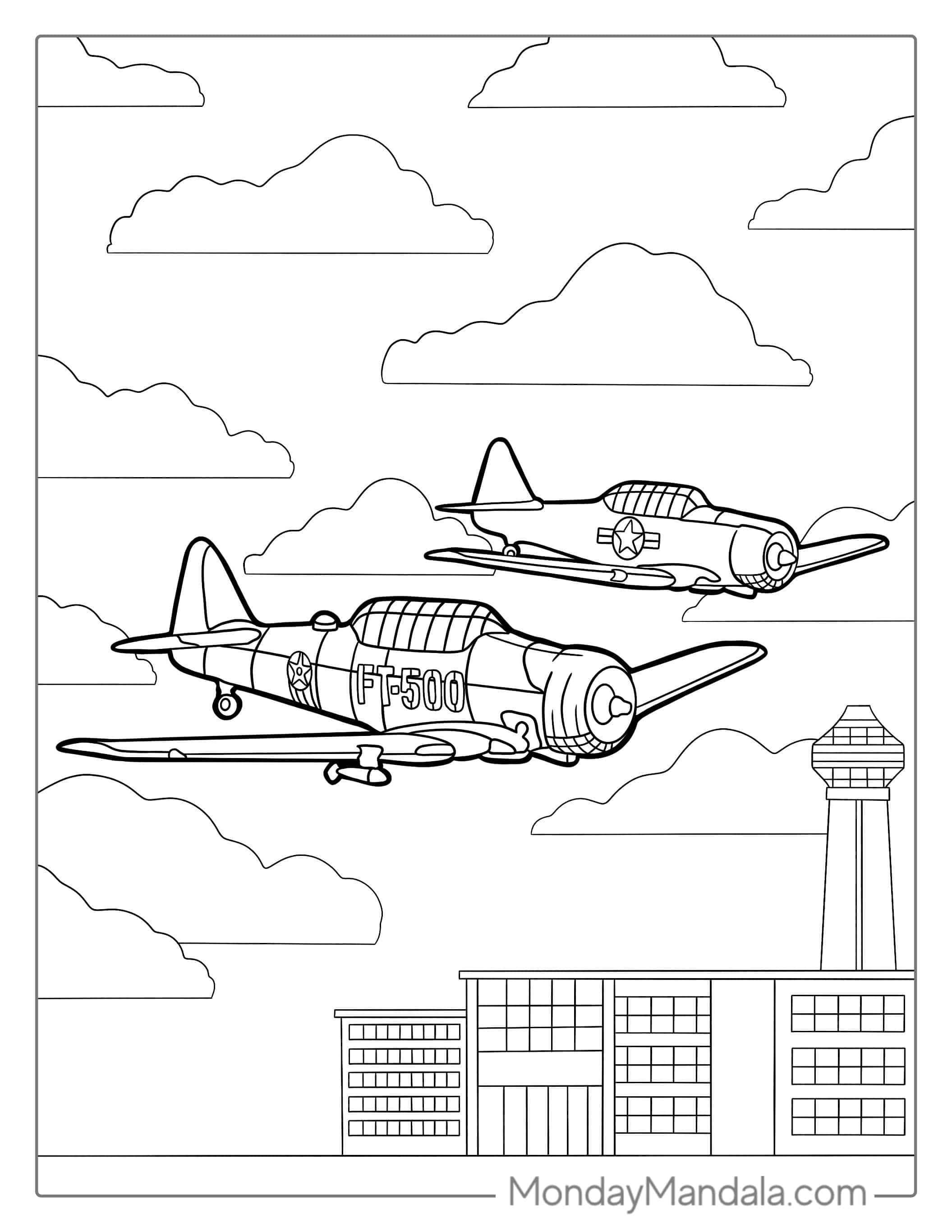 Warbird Planes Flying In Tandem To Color coloring page