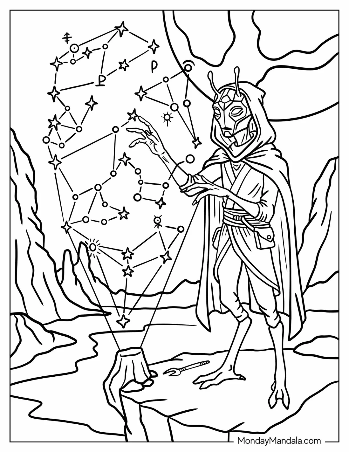 Alien in Cape Mapping the Constellations coloring page — printable line art