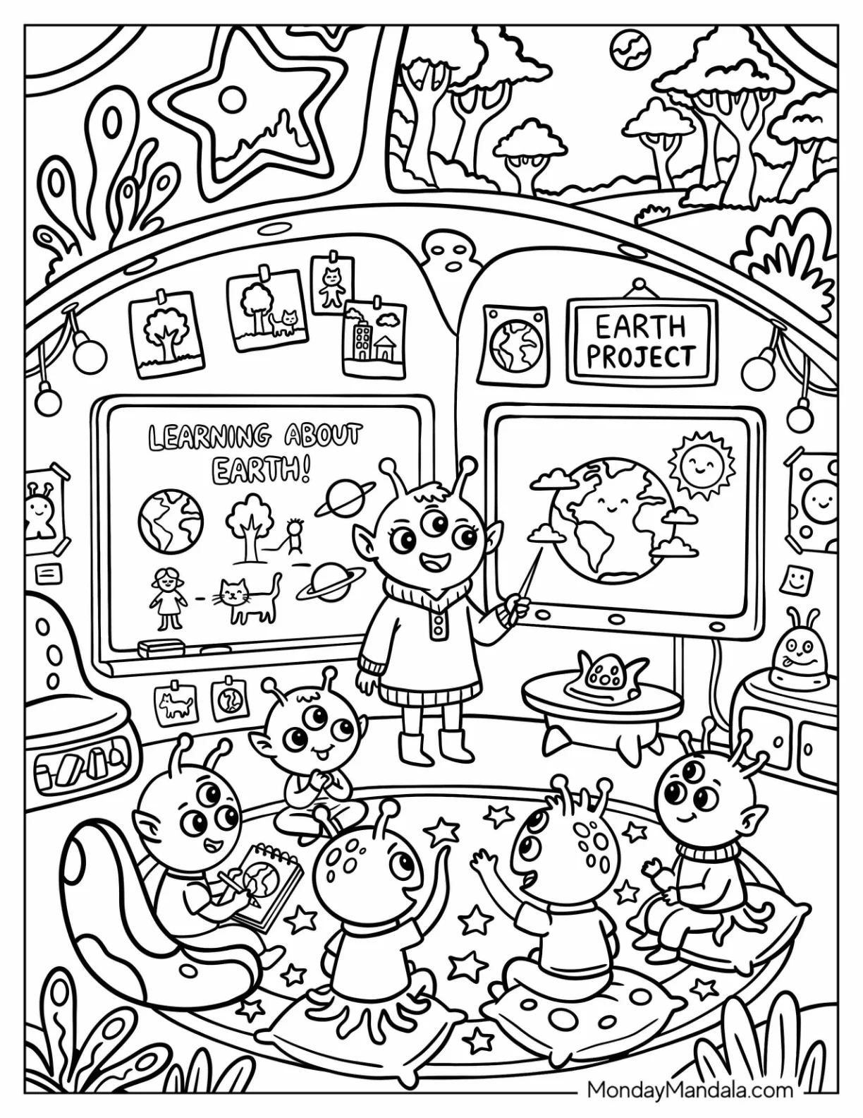 Alien Teacher in a Classroom with Alien Kids Coloring Page coloring page — printable line art