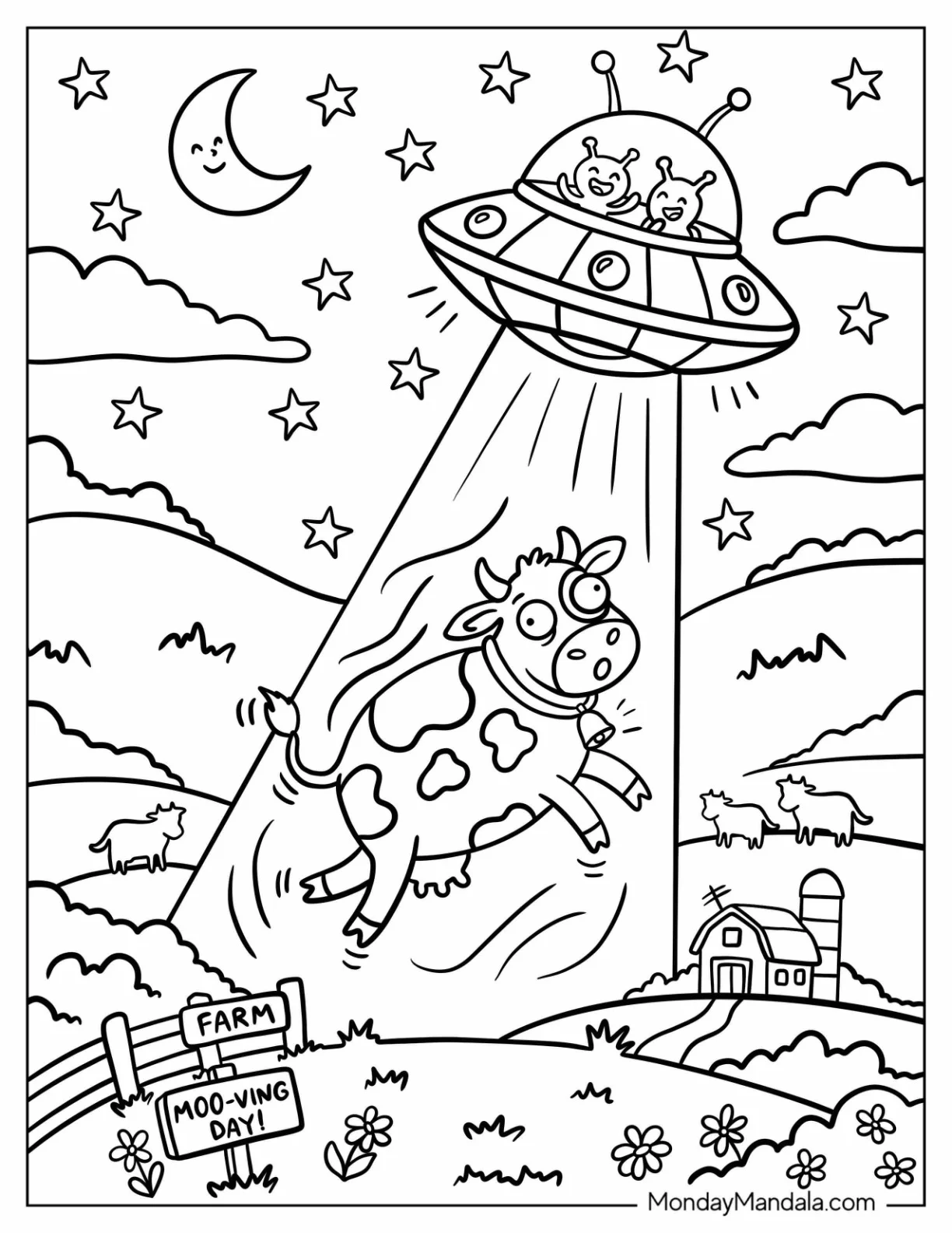 Aliens Abducting a Cow from a Farm Coloring Page coloring page — printable line art