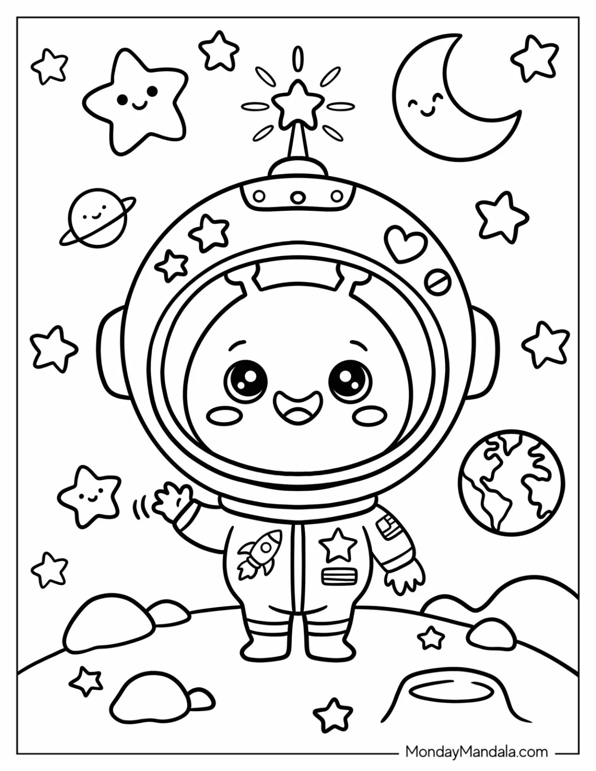 Astronaut Alien Waiving from Outer Space Coloring Page for Kids coloring page