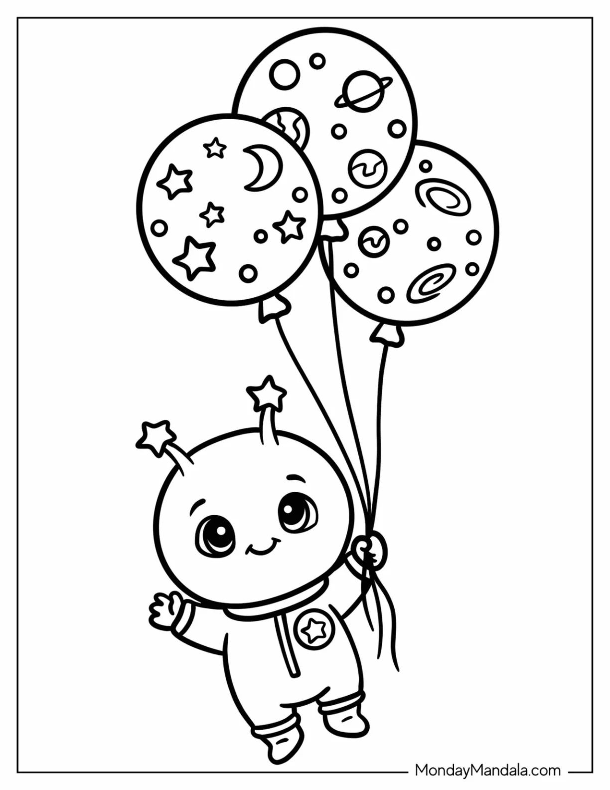 Baby Alien Holding onto Starry Balloons Coloring Page for Kids coloring page