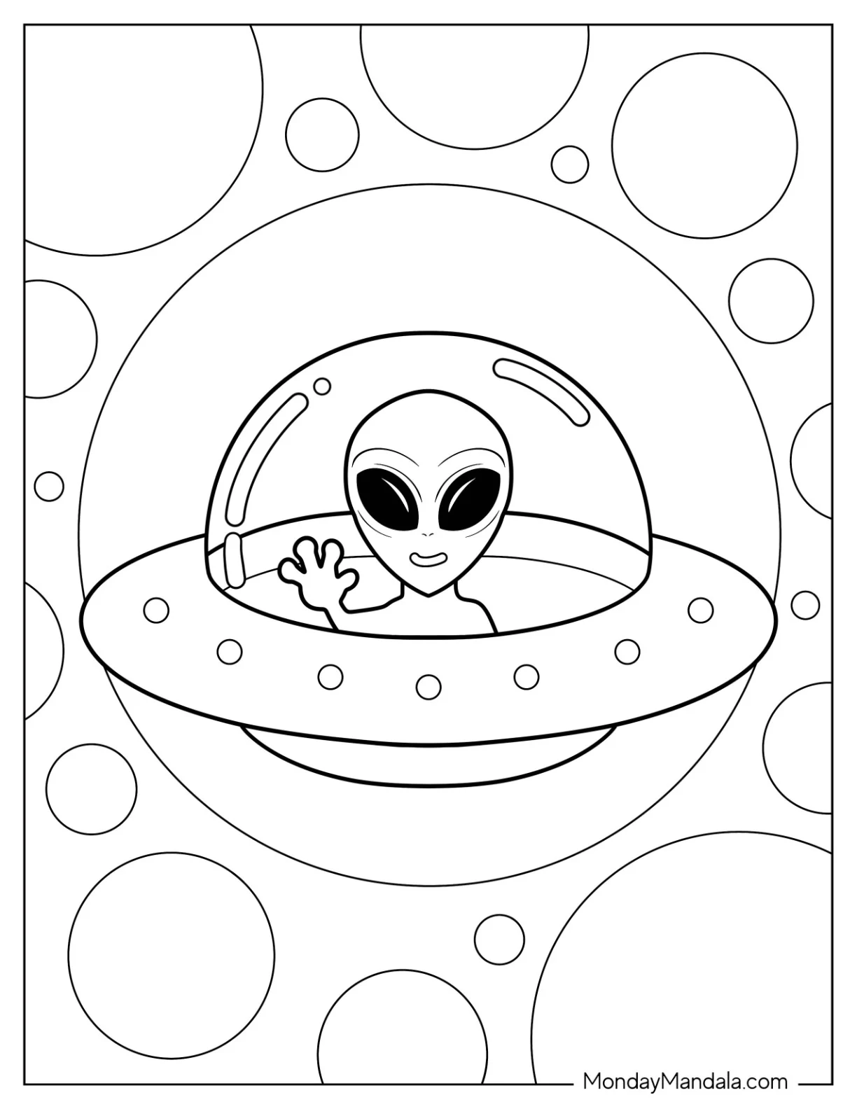 Cute Alien Coloring Page Waving From A Spaceship coloring page
