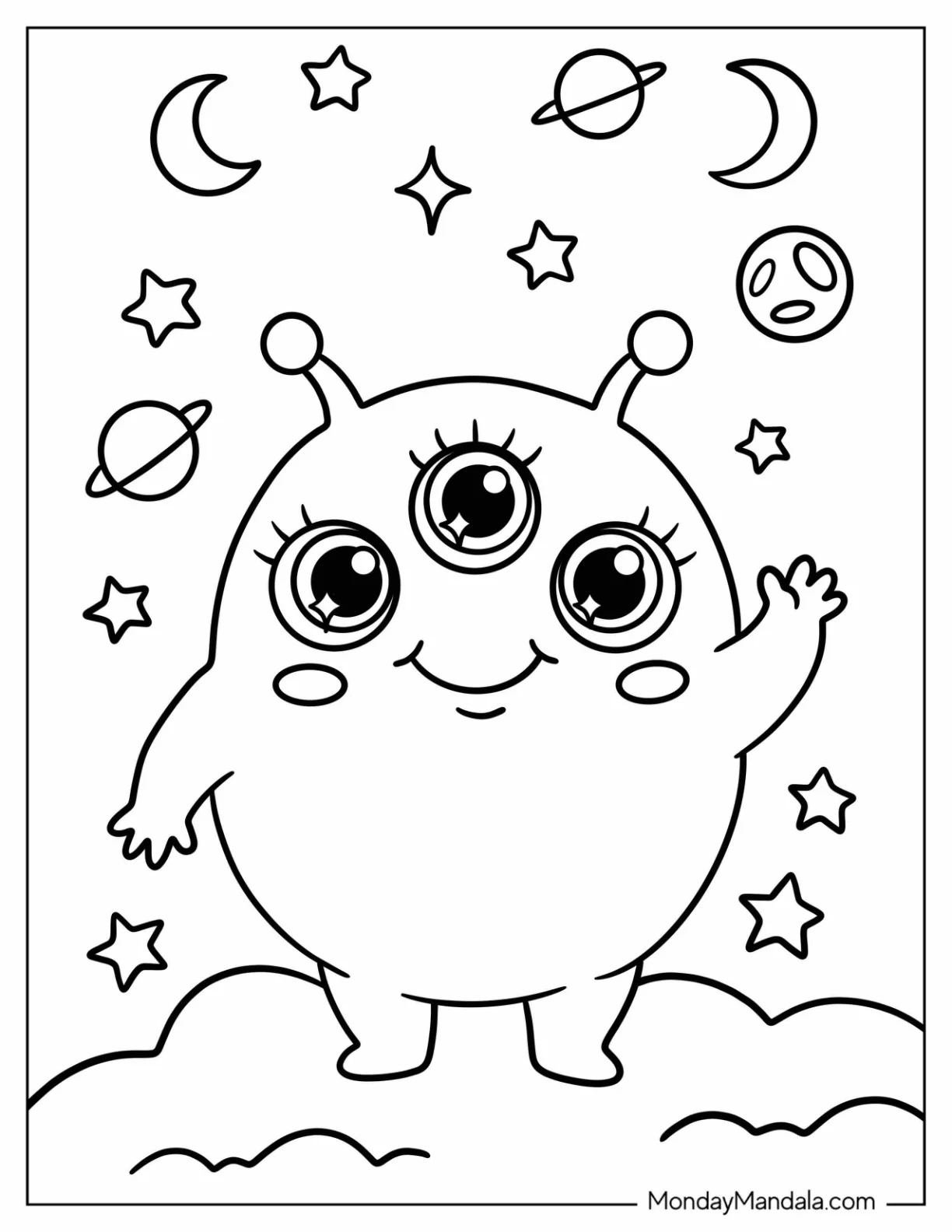 Easy Alien with Three Eyes Coloring Sheet for Preschoolers coloring page — printable line art