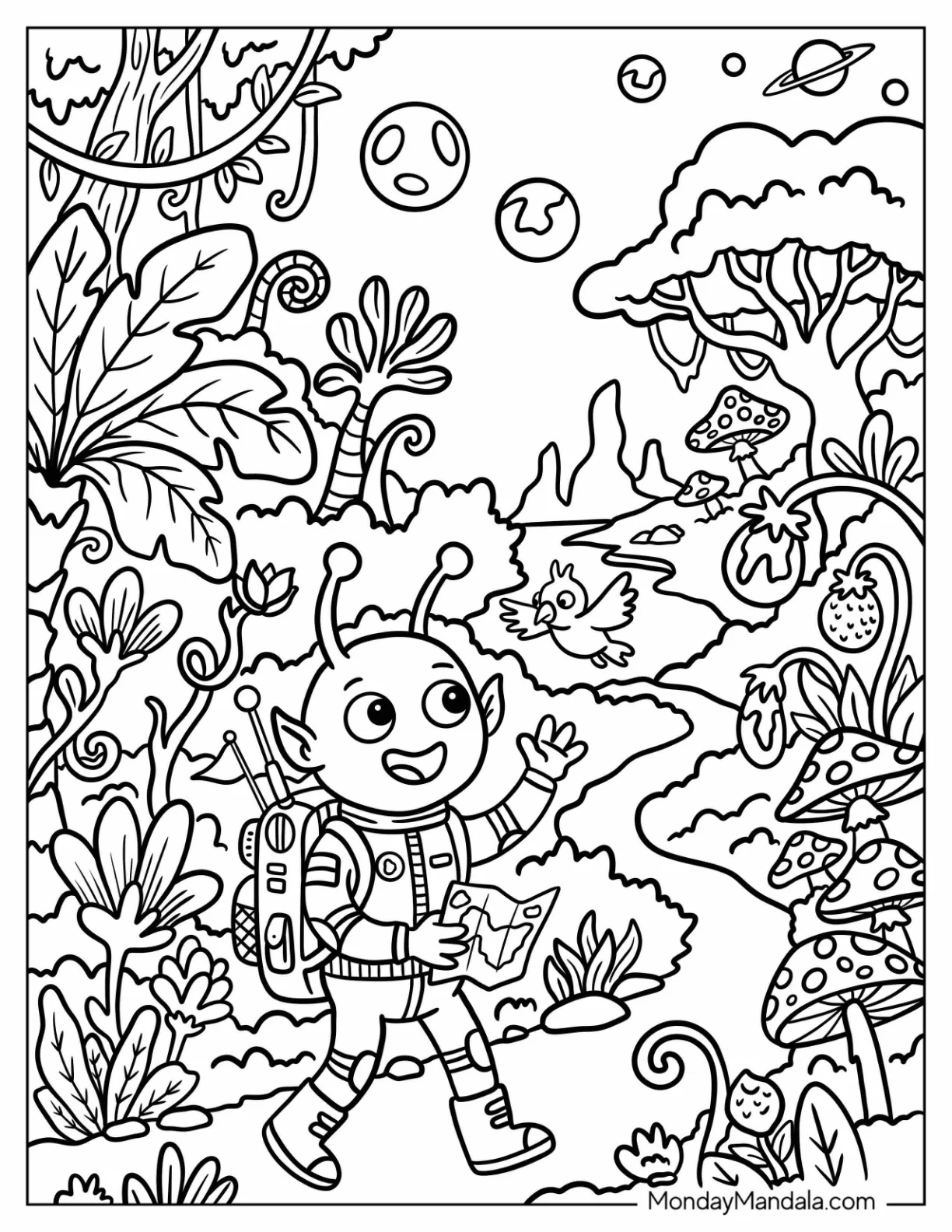 Explorer Alien in a Jungle Coloring Sheet coloring page — printable line art