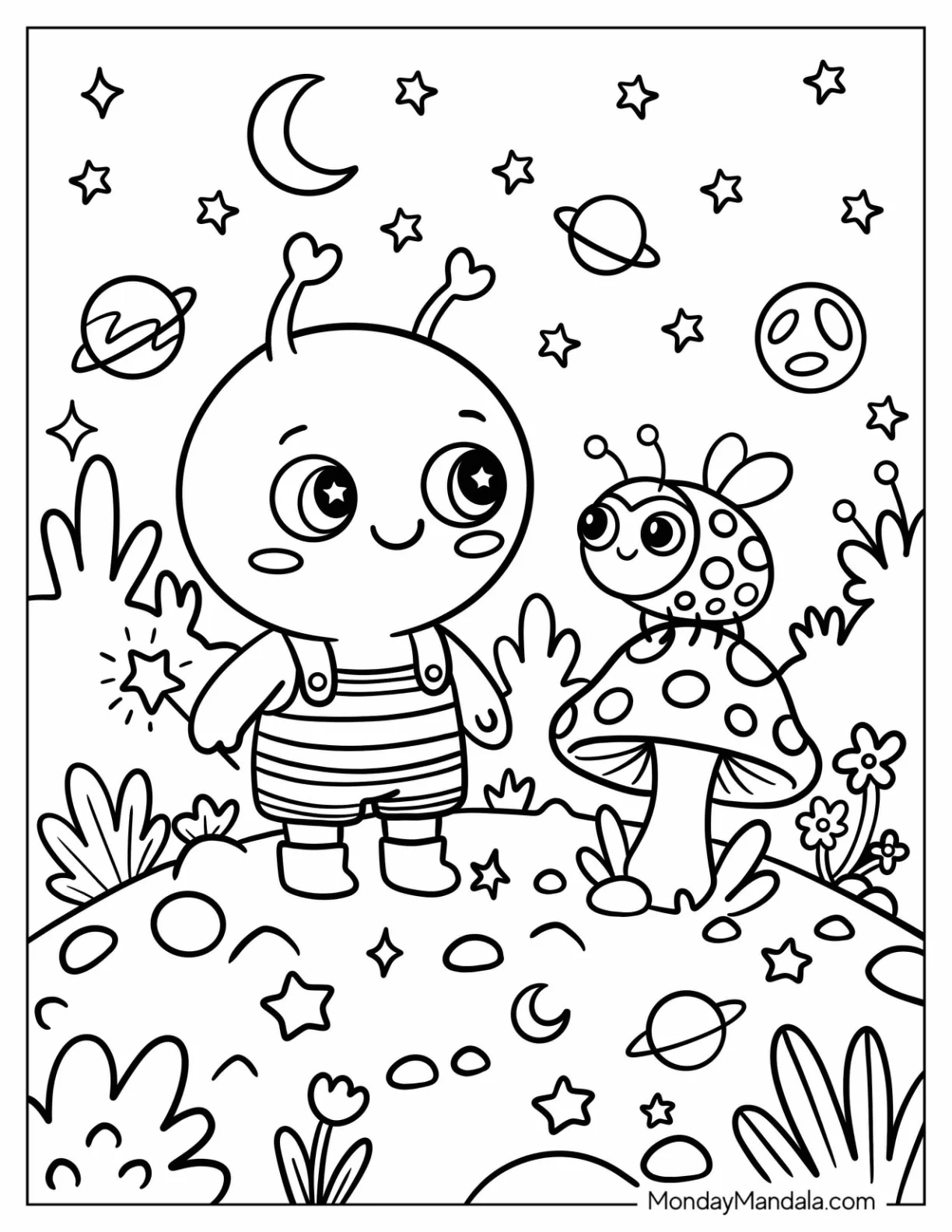 Friendly Alien with a Ladybug on a Mushroom Coloring Page coloring page