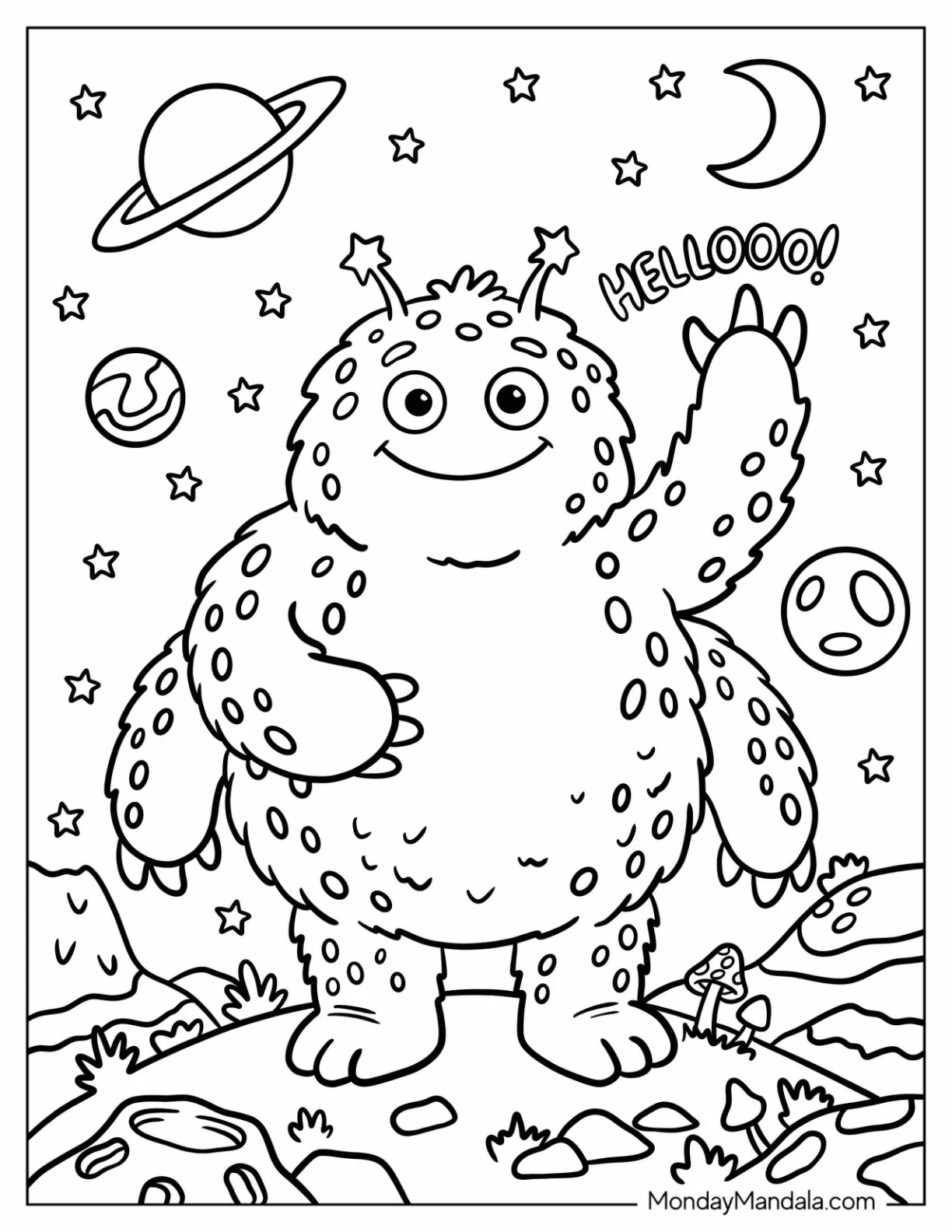 Furry Alien with Four Hands in Outer Space Coloring Page coloring page — printable line art