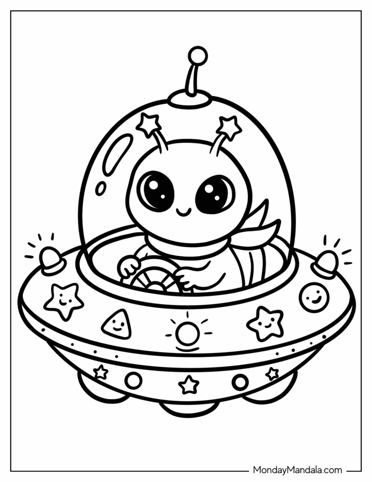 Kawaii Alien in a Tiny Spaceship Coloring Sheet for Preschoolers coloring page
