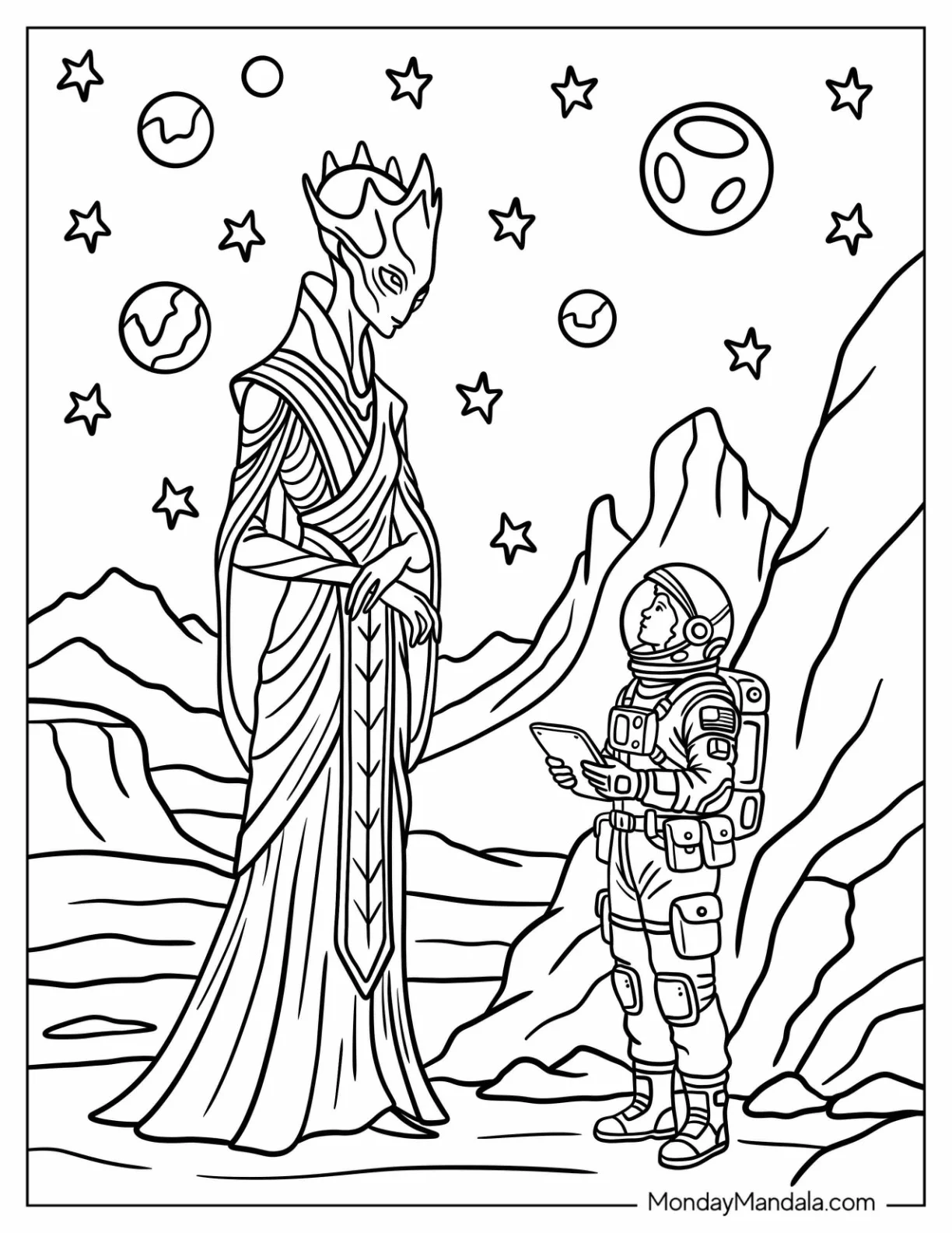 Majestic Alien Talking to an Astronaut Coloring Page coloring page