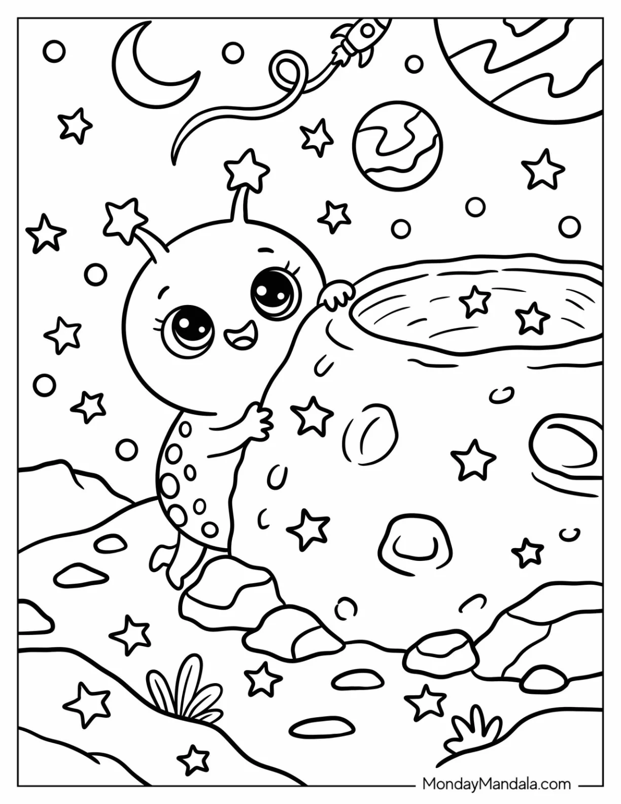 Playful Alien Climbing a Crater in Space Coloring Page for Kids coloring page