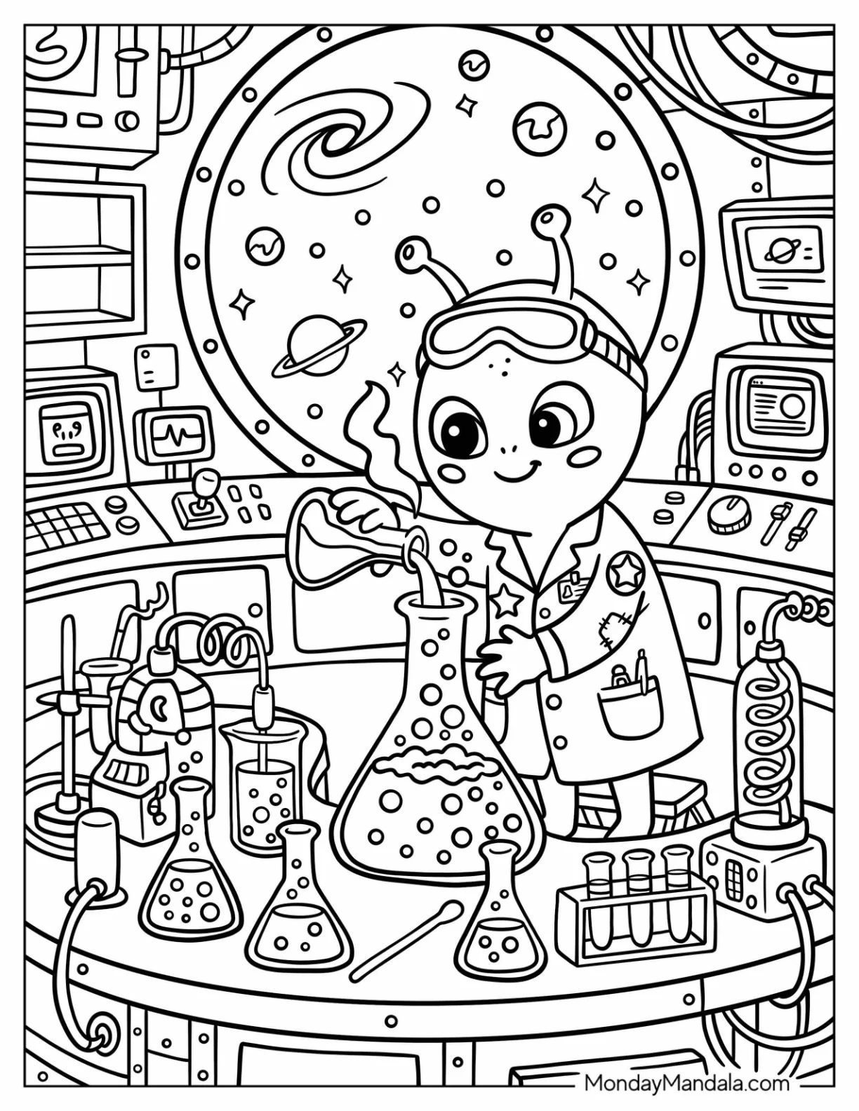 Scientist Alien Working in a Laboratory in Space Coloring Page for Kids coloring page
