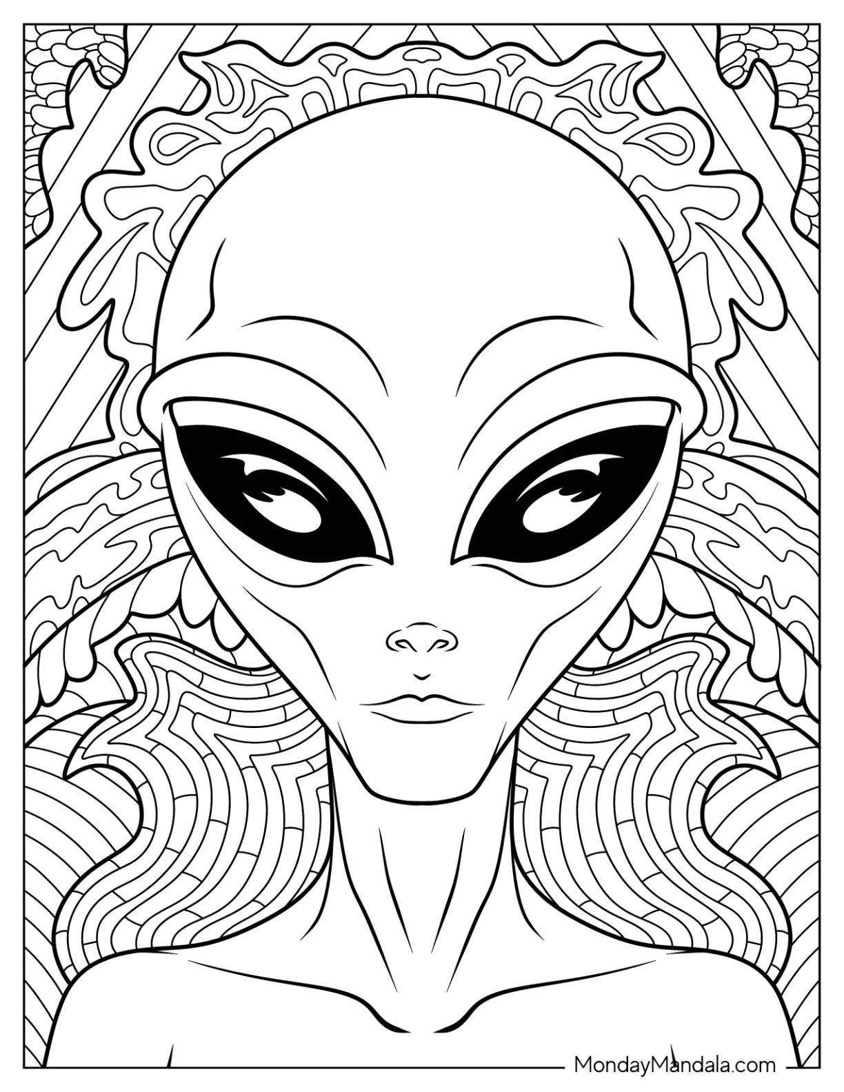 Simple Alien Coloring Page With Trippy Background coloring page — printable line art