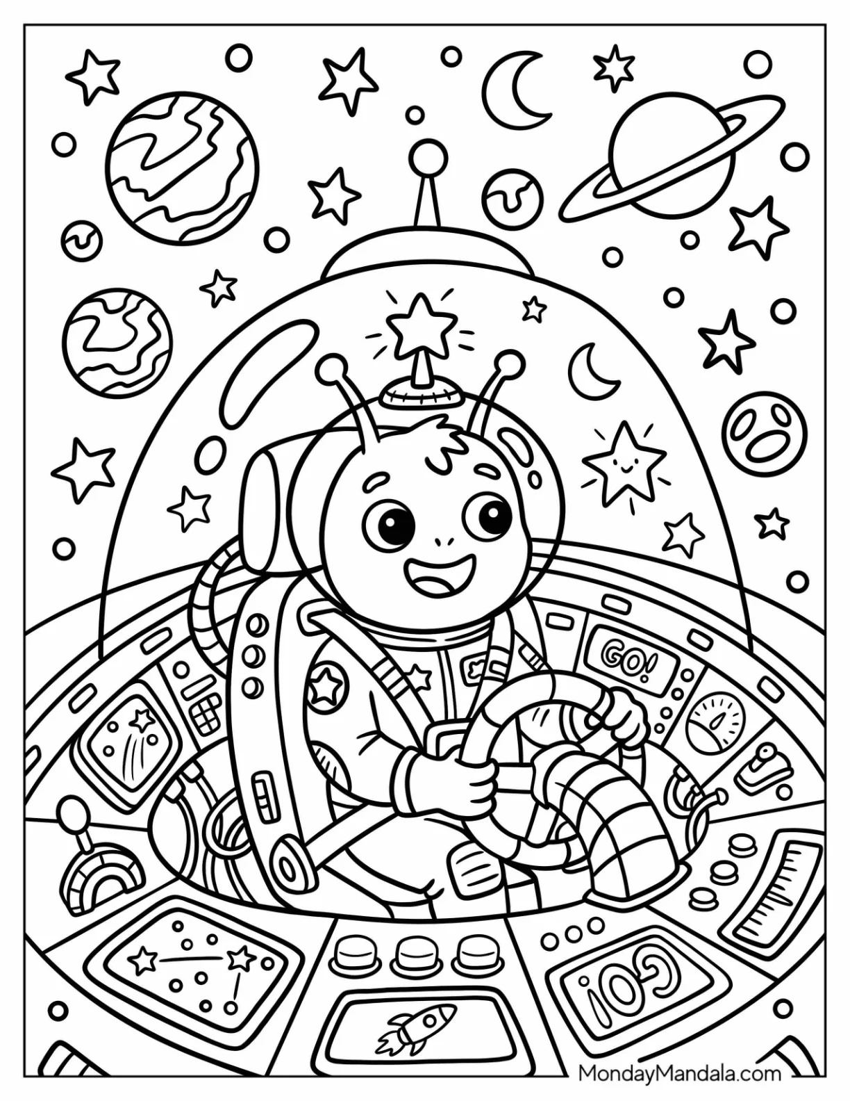 Smiling Alien Piloting a Spaceship Coloring Page coloring page