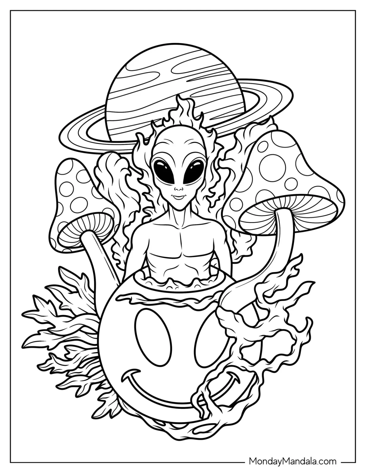 Trippy Alien Coloring Page Surrounded By Mushrooms With Planet At The Back coloring page