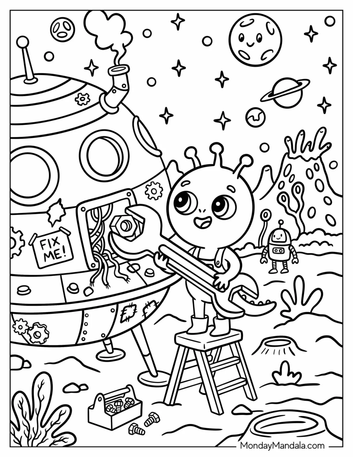 Young Alien Fixing a Spaceship Coloring Sheet for Kids coloring page