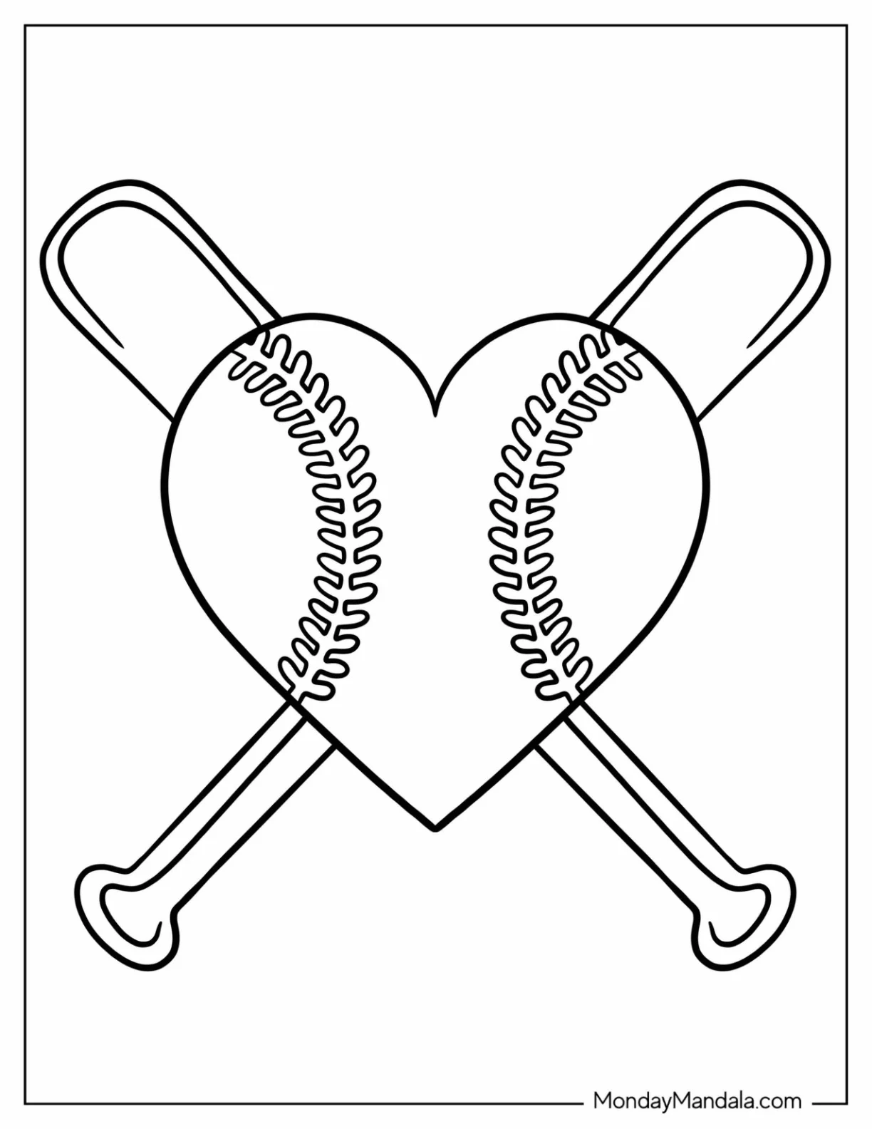 Baseball Coloring Page Of Heart and Bats For Preschoolers coloring page