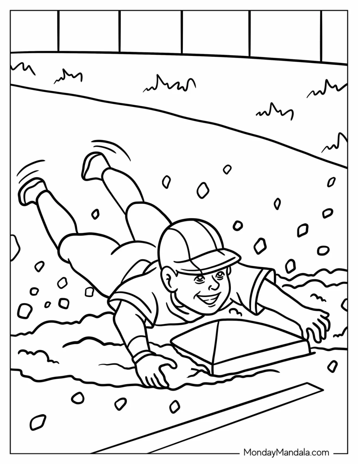 Baseball Coloring Page Of Player Sliding into Home Plate For Kids coloring page