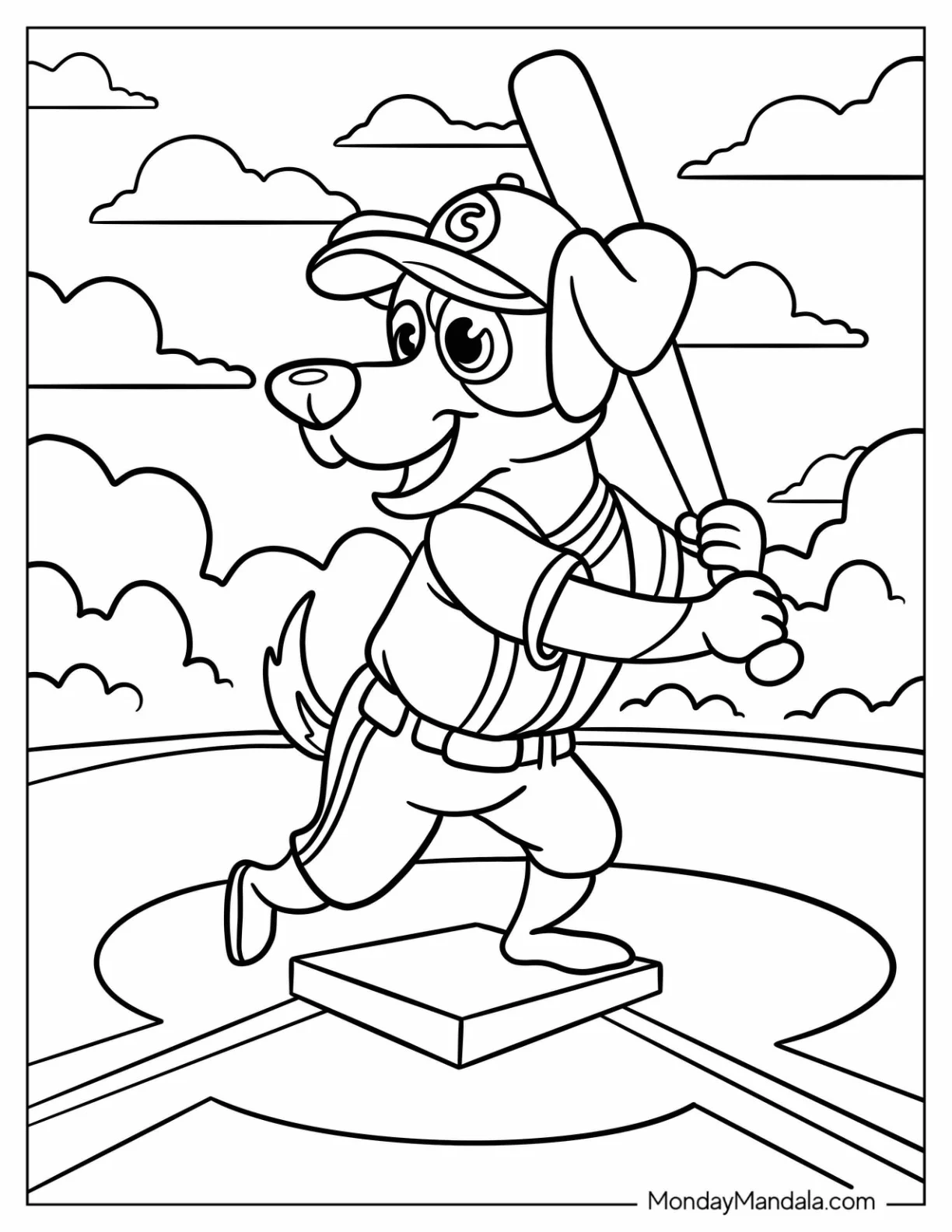 Cartoon Dog in Baseball Coloring Page Uniform Ready to Swing For Kids coloring page