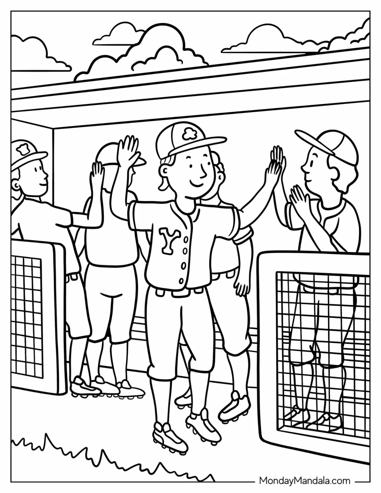 Easy Baseball Coloring Page Of Team Celebrating in Dugout For Kids coloring page