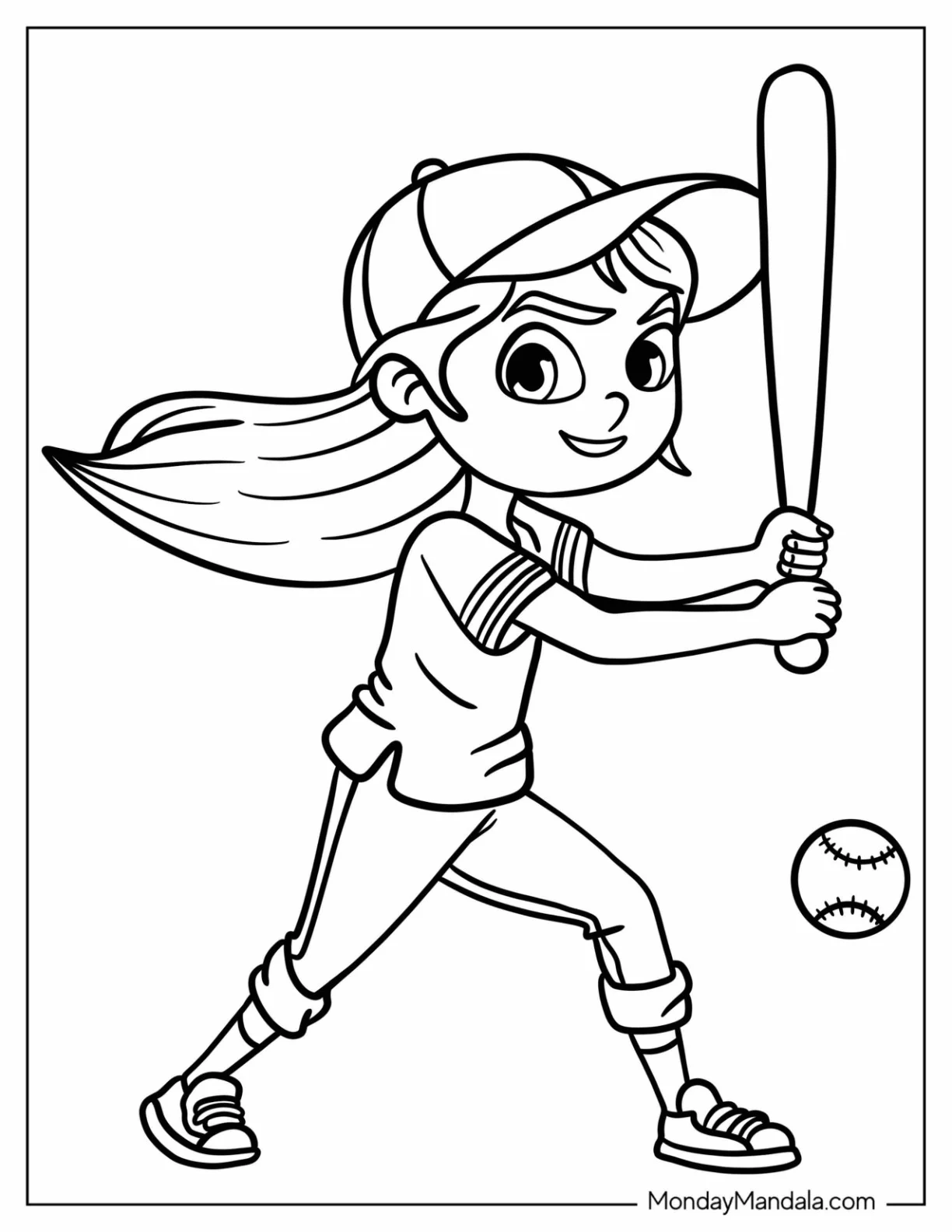 Girl With Long Hair Swinging Baseball Coloring Page Bat For Preschoolers coloring page