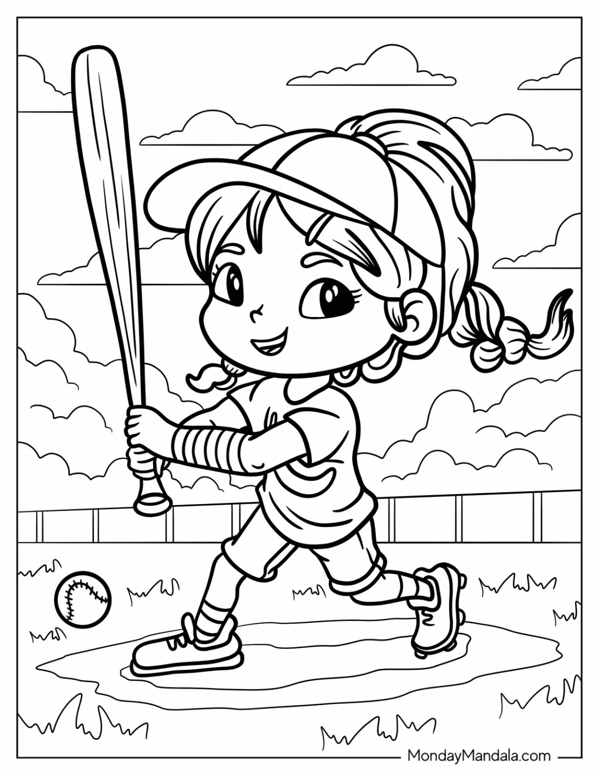 Kawaii Girl Baseball Coloring Page Player Holding A Bat coloring page