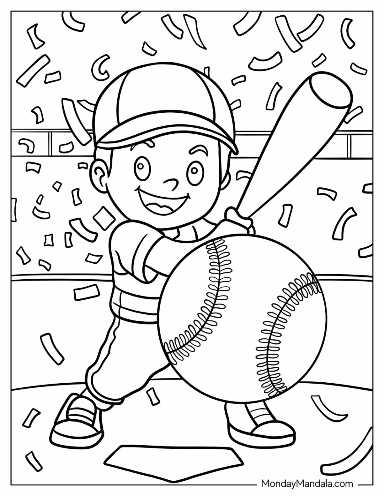 Kid Hitting Baseball Coloring Page with Confetti Celebration coloring page — printable line art