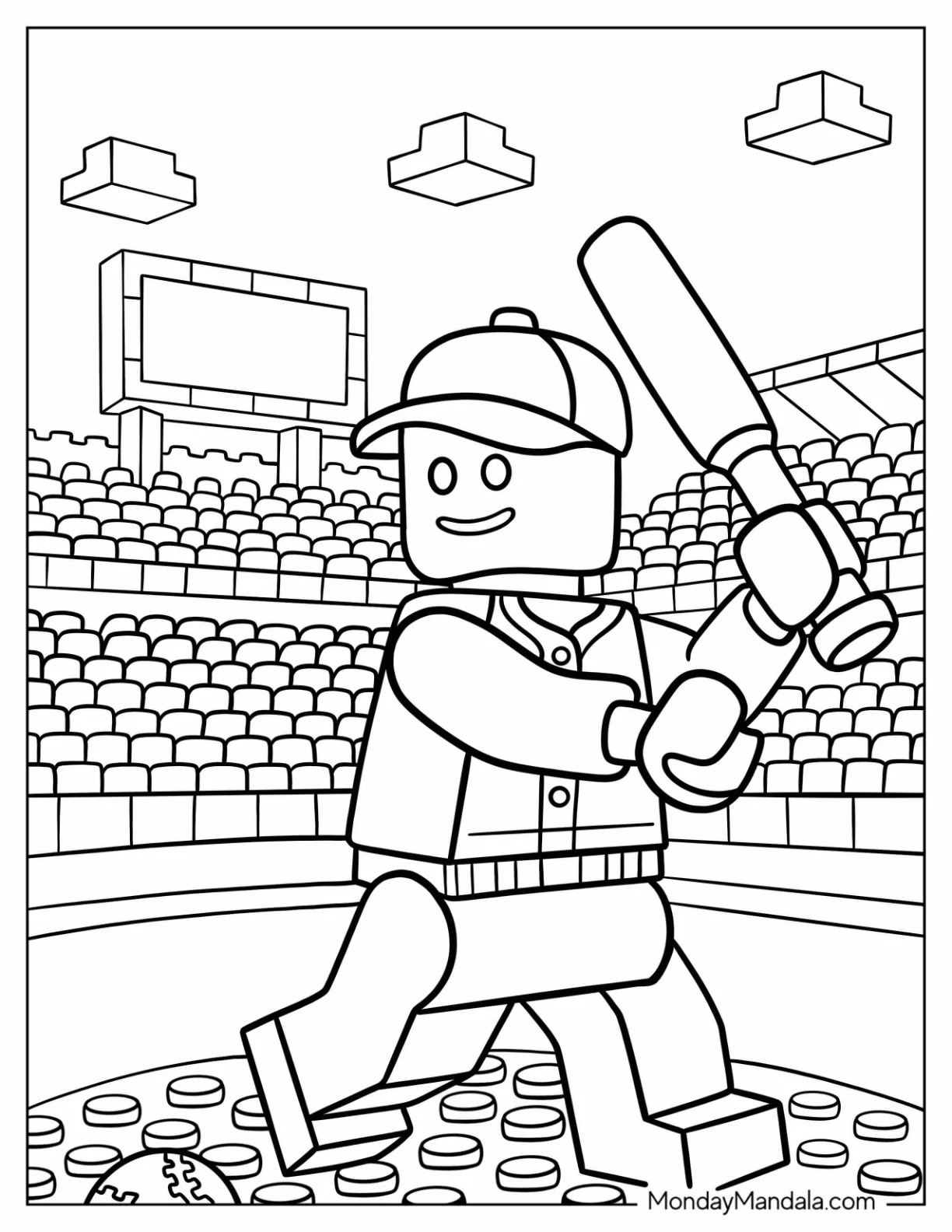 LEGO Baseball Coloring Page Player Swinging A Bat for Kids coloring page