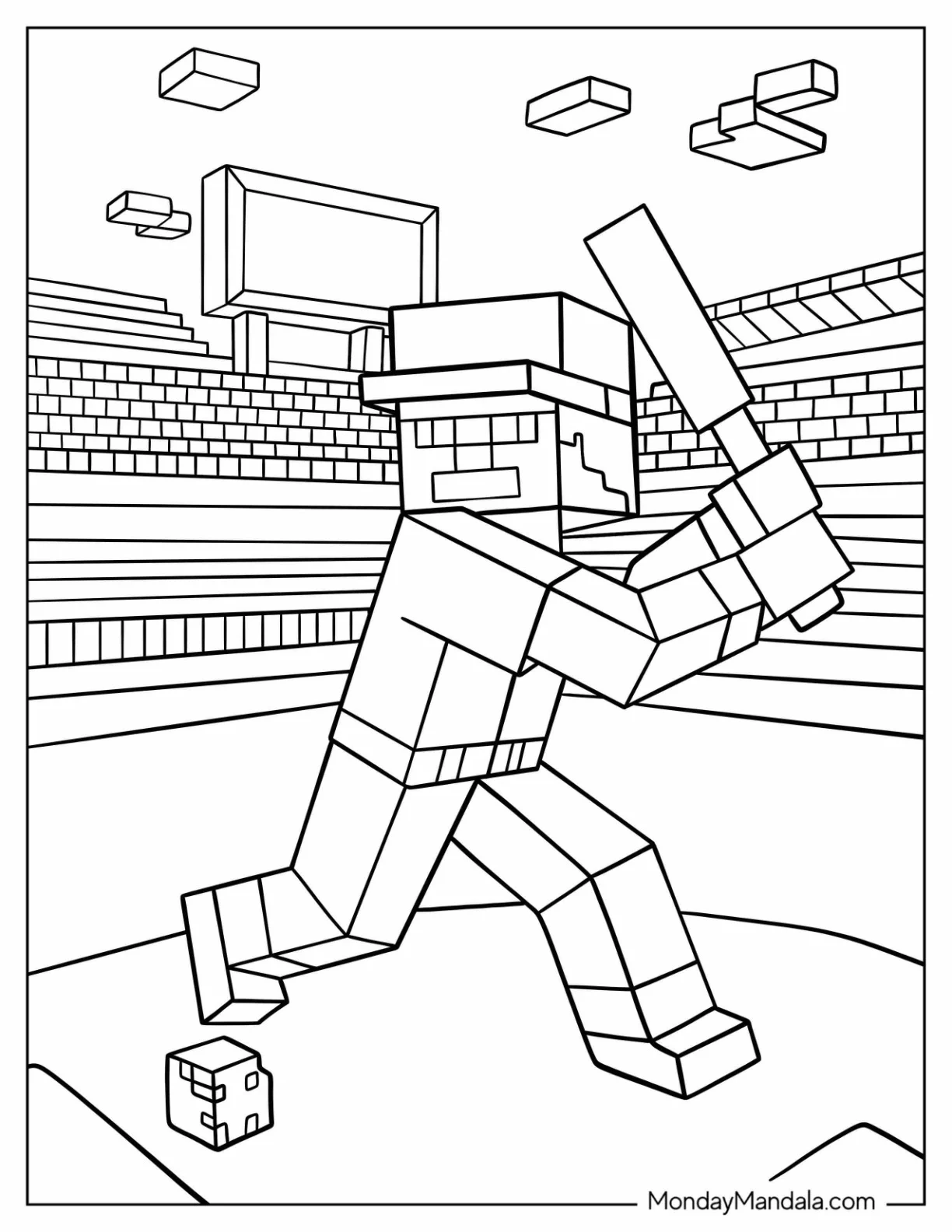 Minecraft Baseball Coloring Page Of Player Batting For Kids coloring page