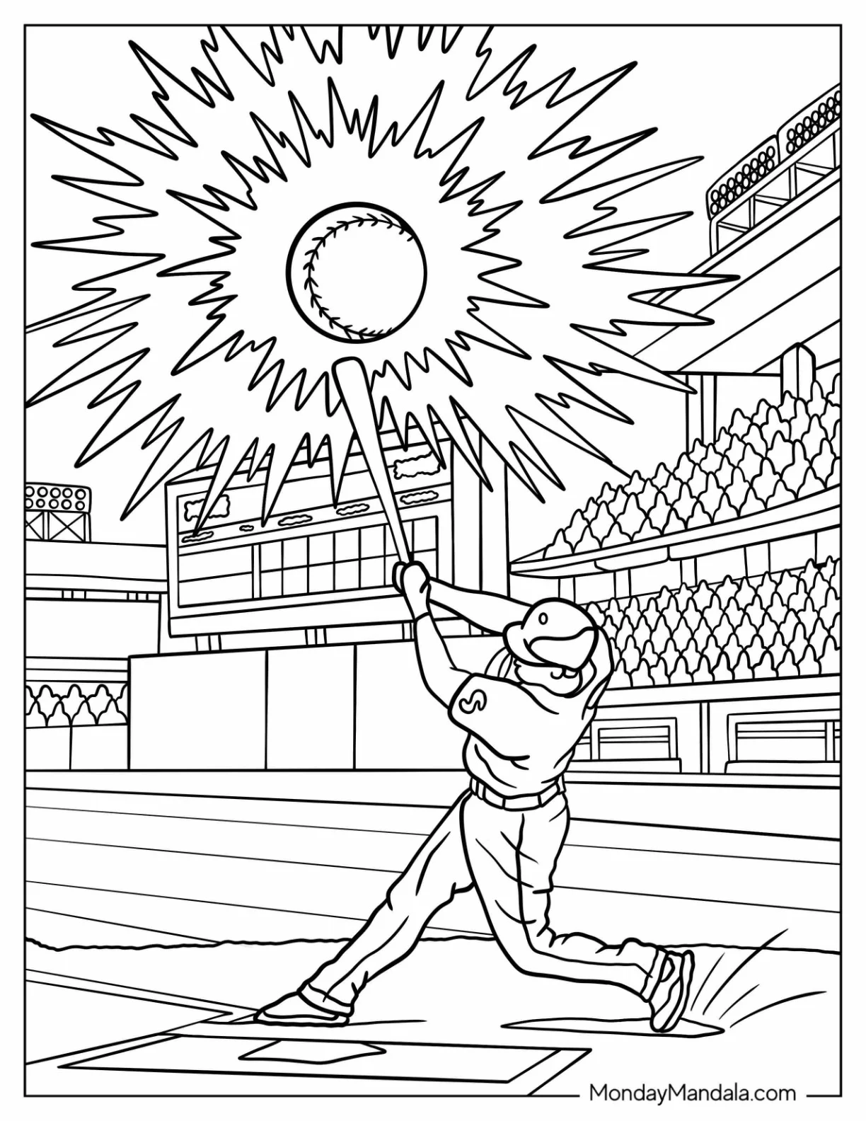 Powerful Baseball Coloring Page Of Swing with Comic Effect coloring page — printable line art