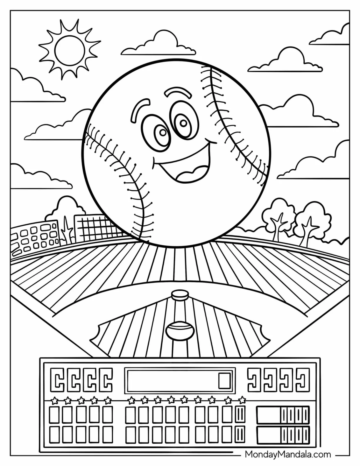 Smiling Baseball Coloring Page at the Ballpark coloring page