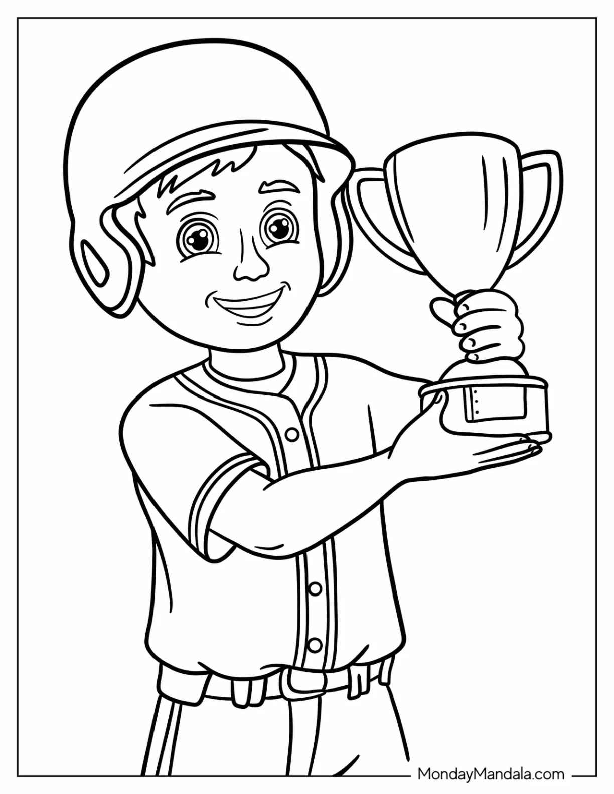 Young Baseball Coloring Page Of Champion Holding Trophy For Kids coloring page