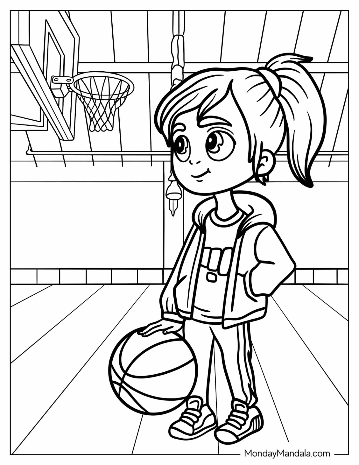 Basketball Coloring Page of Girl Dribbling In The Court For Kids coloring page