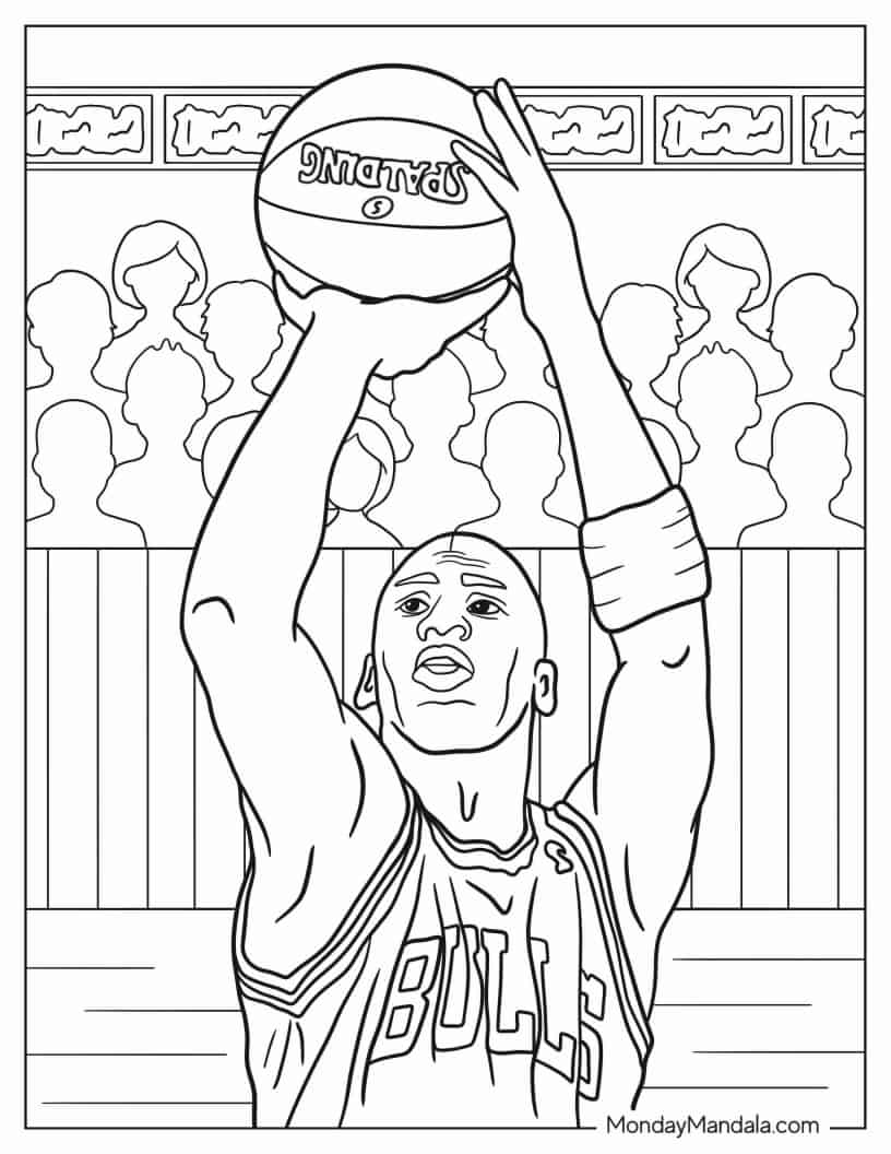 Michael Jordon Going For 3 Point Shot coloring page — printable line art
