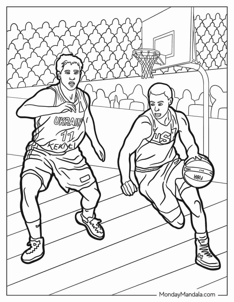 Two Basketball Players Competing coloring page — printable line art