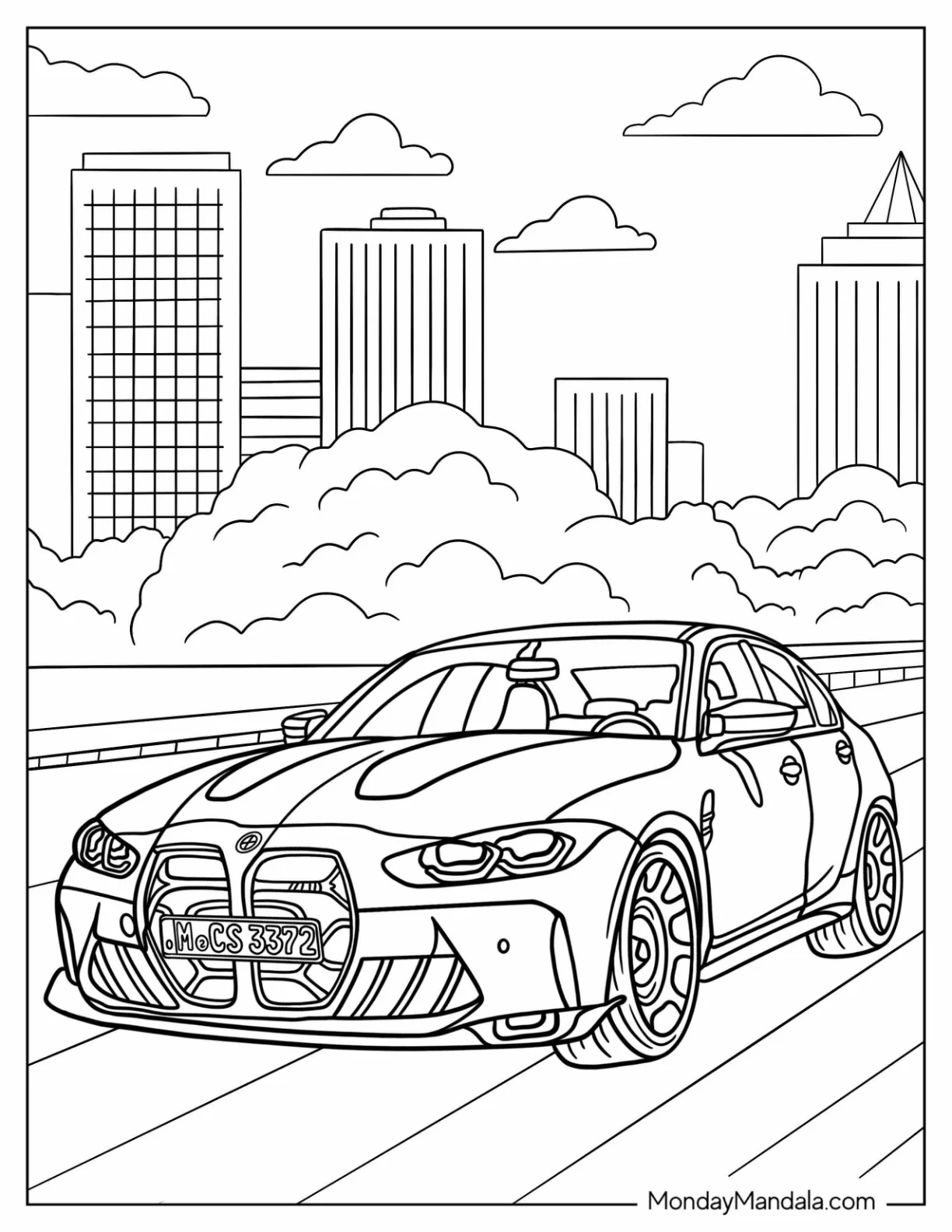 BMW Coloring Page Series 3 Berline With Cloudy Background coloring page