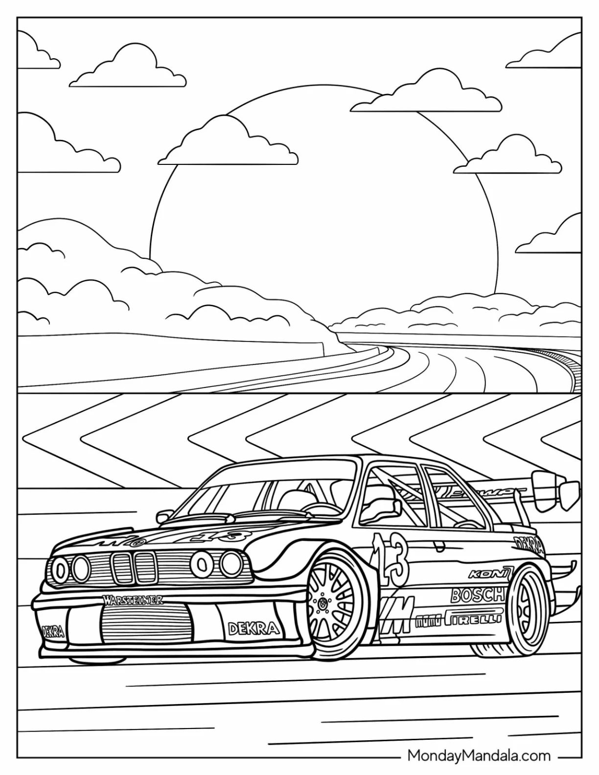 Detailed 3 Series (E30) BMW Coloring Page On Race Track At Sunset coloring page
