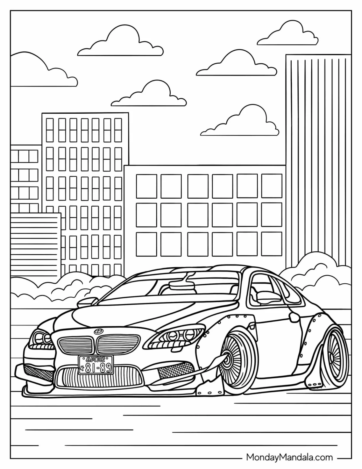 M6 BMW Coloring Page In Front Of Buildings coloring page