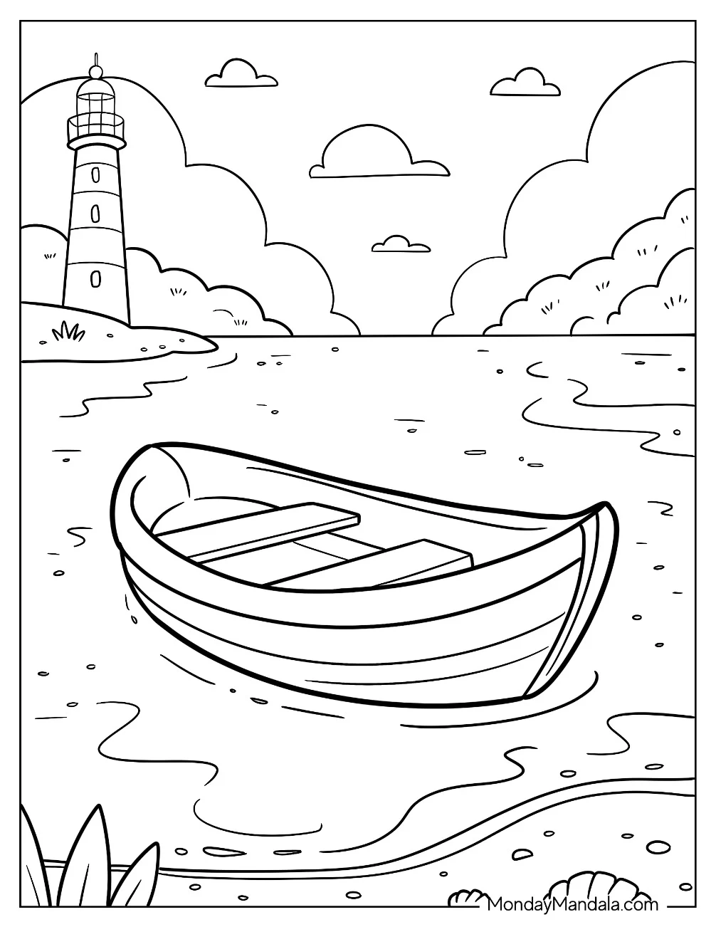 Boat & Ship Coloring Page Floating on Peaceful Lake with Lighthouse and Cloudy Sky coloring page
