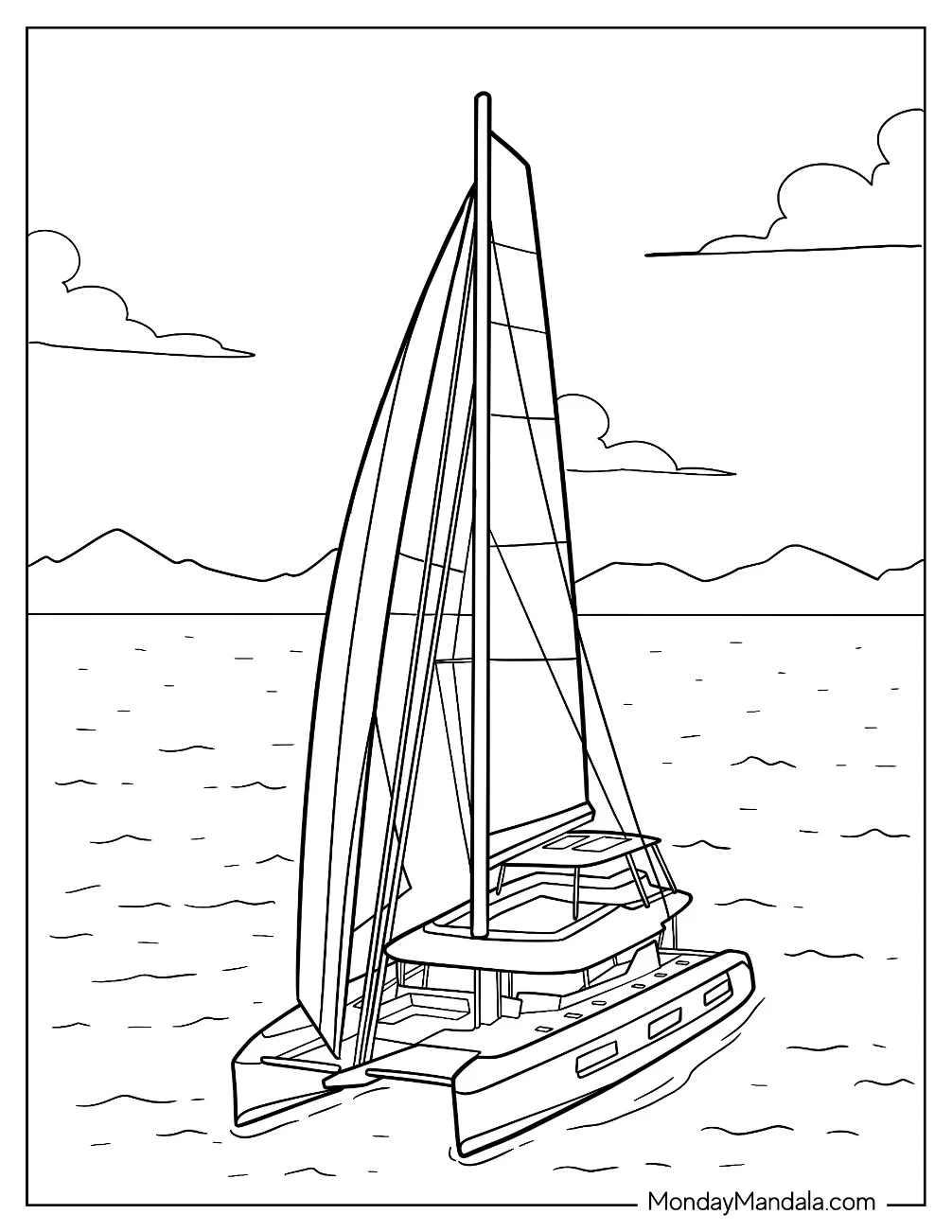 Boat & Ship Coloring Page of Catamaran Sailboat Gliding Through Ocean Waves coloring page