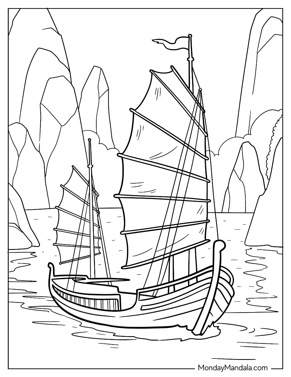 Boat & Ship Coloring Page of Chinese Junk Boat with Tall Sails Gliding Through Mountain Waters coloring page — printable line art