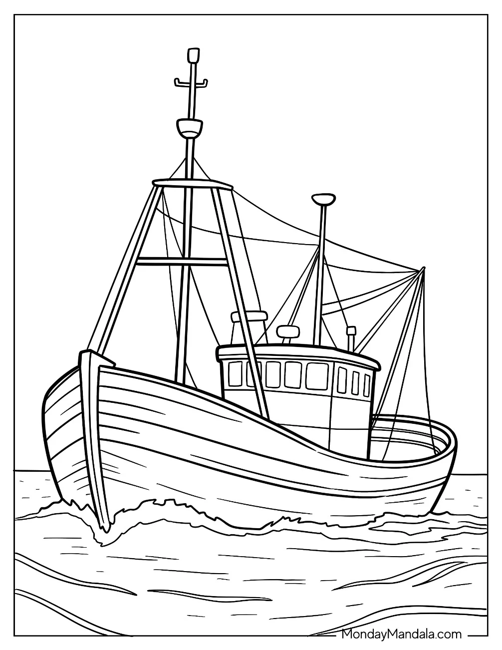 Boat & Ship Coloring Page of Classic Fishing Vessel at Work in the Open Water coloring page — printable line art