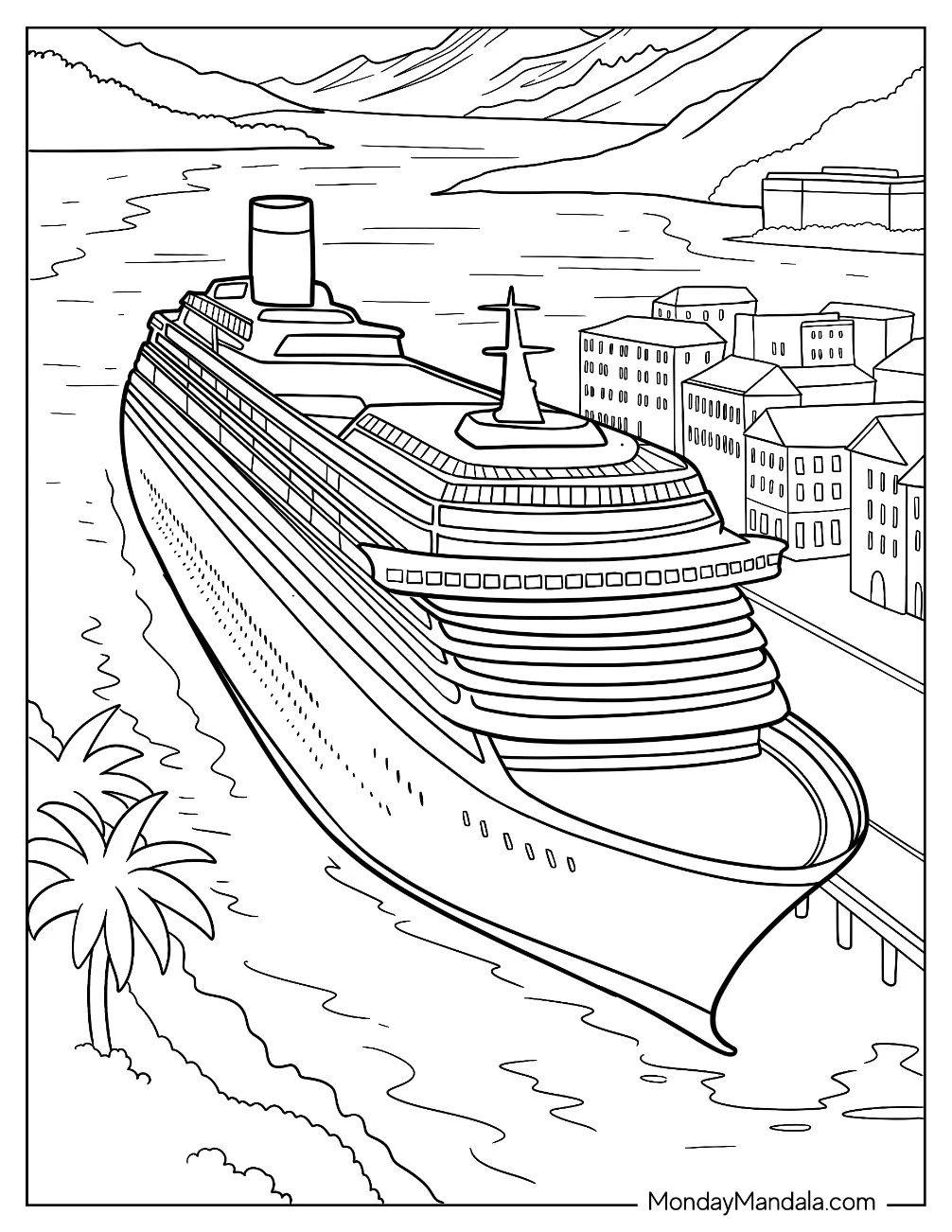 Boat & Ship Coloring Page of Giant Cruise Ship Docked at a Seaside Port with Mountains and City View coloring page