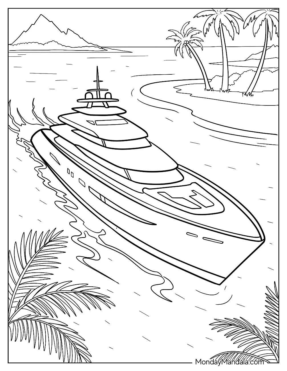 Boat & Ship Coloring Page of Luxury Yacht Cruising Near a Tropical Island with Palm Trees coloring page — printable line art