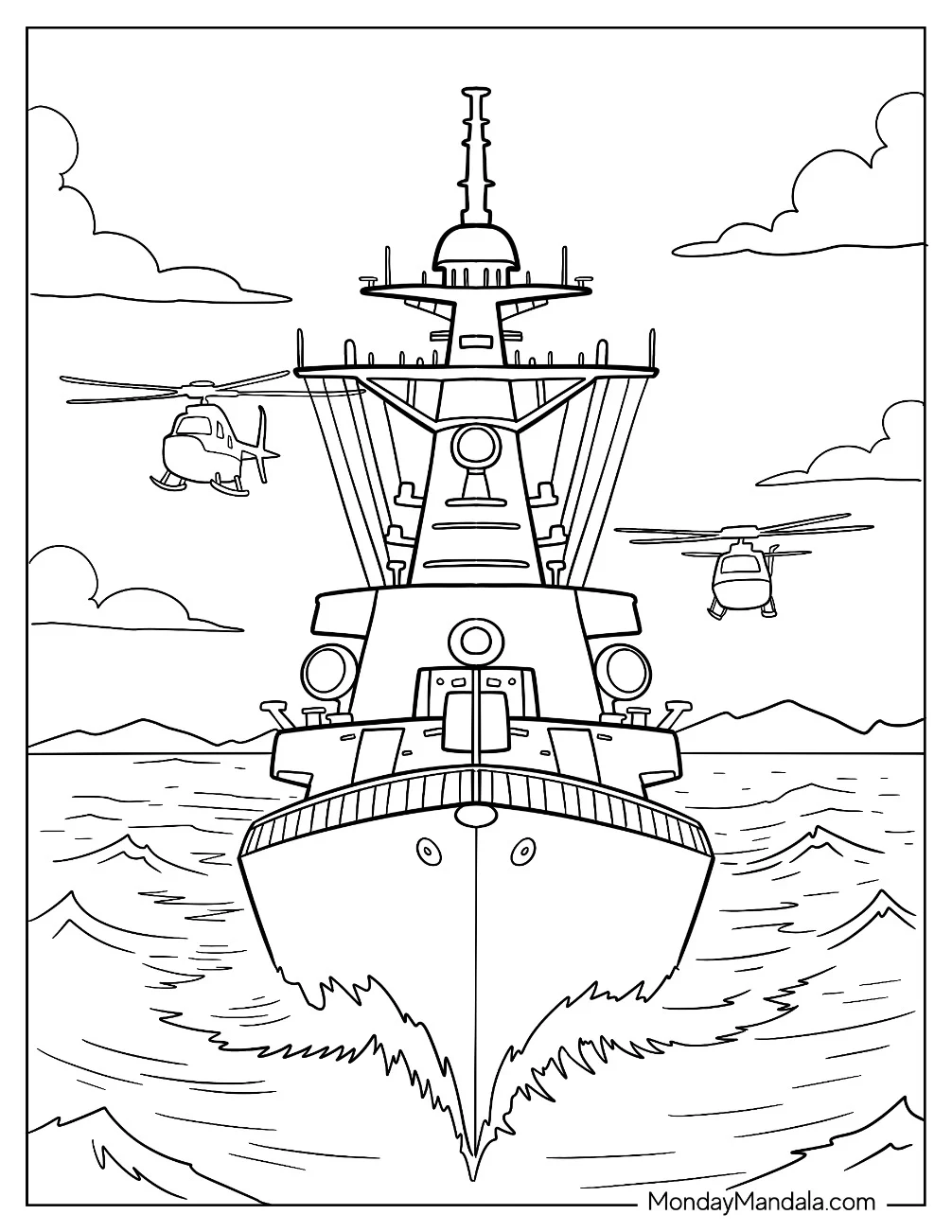 Boat & Ship Coloring Page of Military Warship Sailing the Open Sea with Support Choppers in the Sky coloring page — printable line art