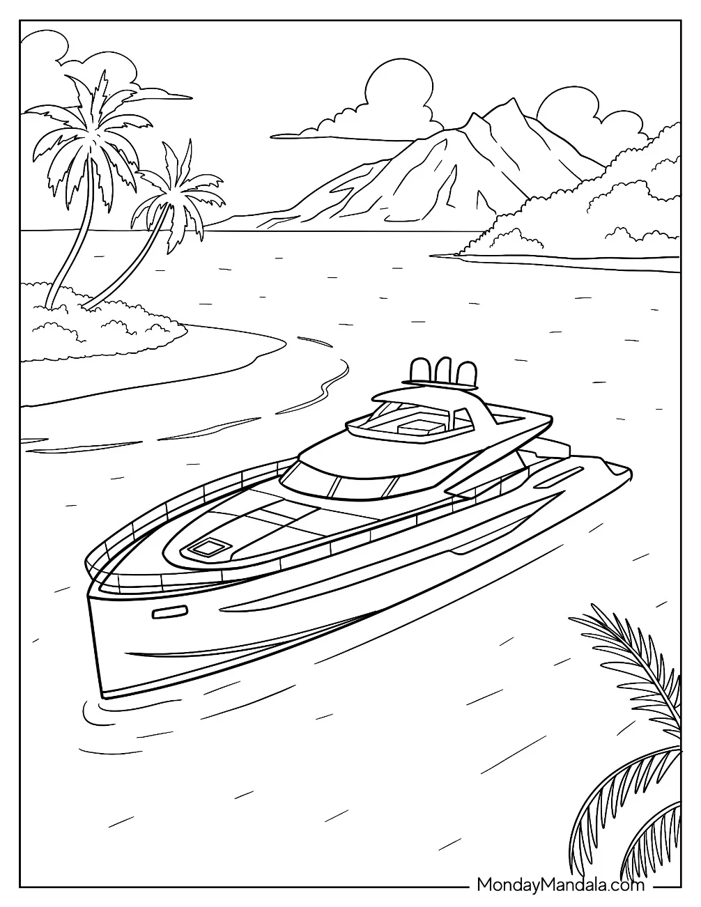 Boat & Ship Coloring Page of Modern Yacht Sailing Near a Tropical Island with Mountain View coloring page — printable line art