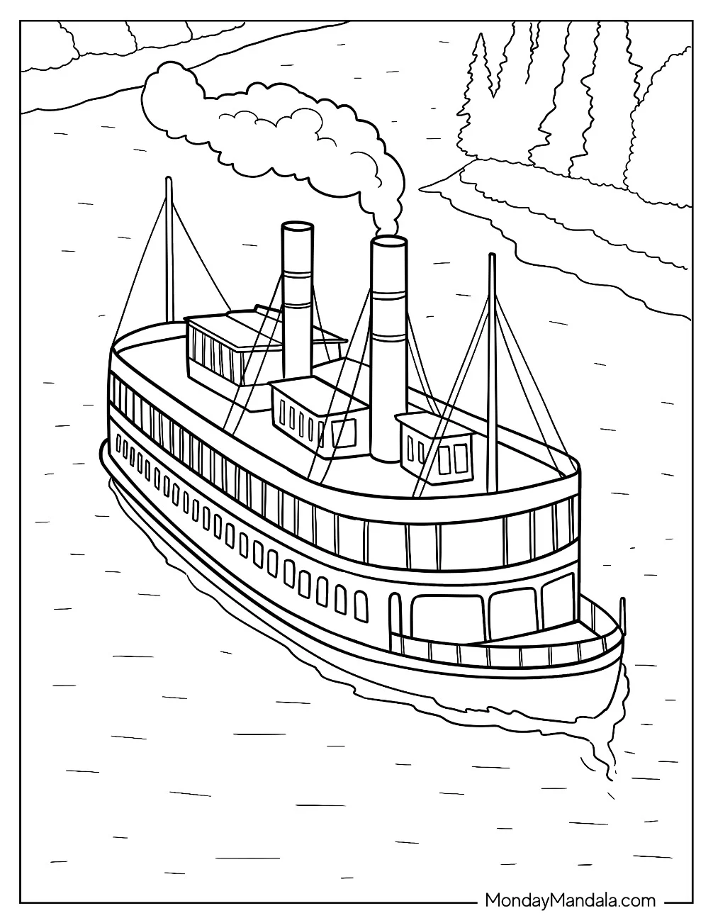 Boat & Ship Coloring Page of Old Fashioned Steamboat Sailing Down a Serene River for Kids coloring page