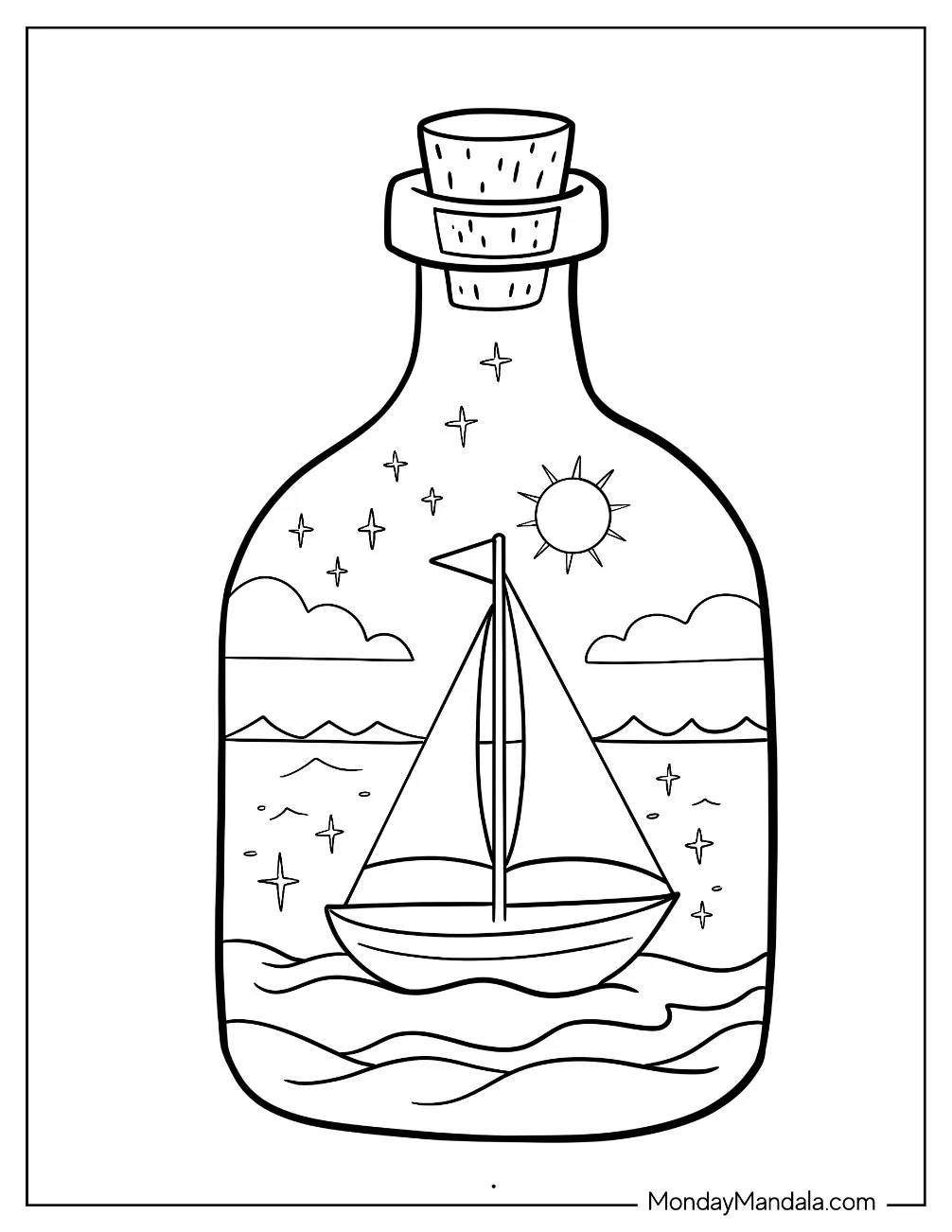 Boat & Ship Coloring Page of Sailboat Floating in a Glass Bottle with Stars and Sun for Kids coloring page