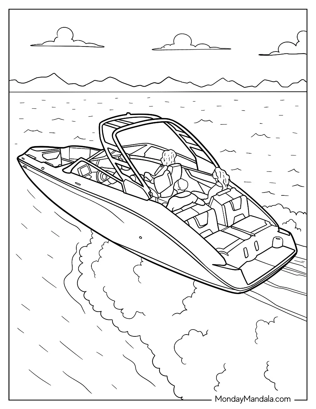Boat & Ship Coloring Page of Speedboat Racing Across the Water with Passengers coloring page