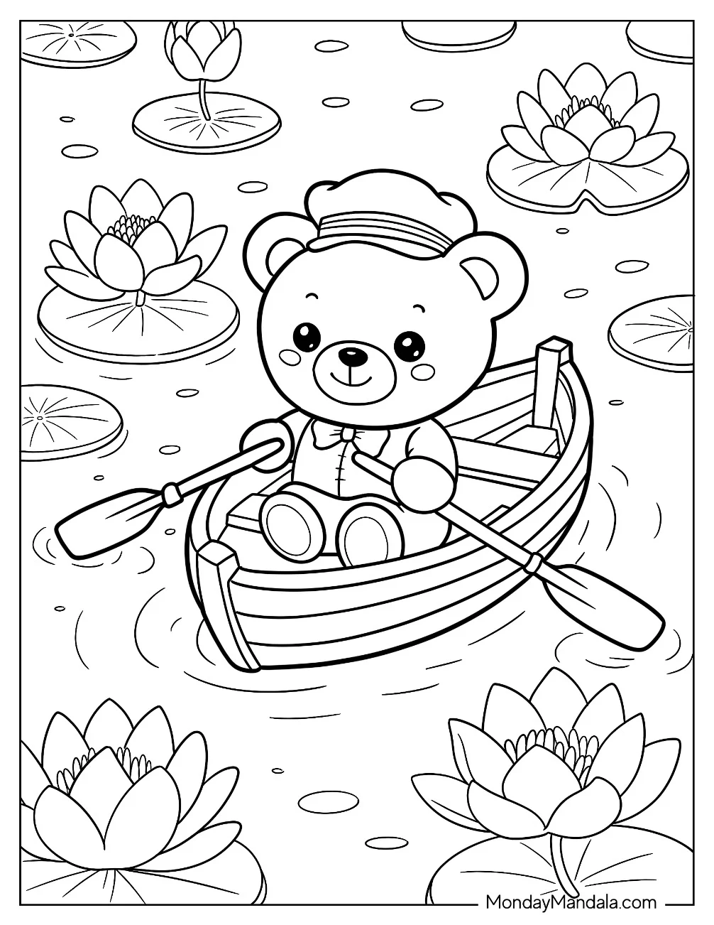 Boat & Ship Coloring Page of Teddy Bear Rowing a Boat Through a Peaceful Pond with Water Lilies for Kids coloring page